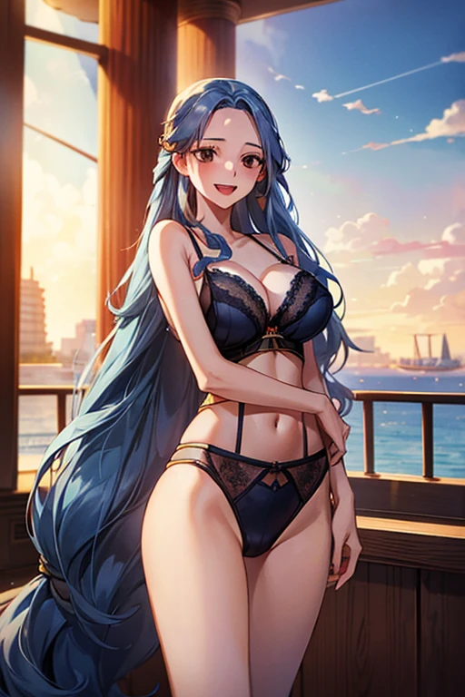 NefertariDef, (((navy lingerie))), Very detailed、highest quality、Best image quality、masterpiece、8k、Anime Face、A kind smile、Open Mouth、(sky blue long hair:1.5) large breast, big breast, sexy、 beautiful body 、Cowboy Shot, Sexual Intercourse, ((black eyes)), hotel bedroom,