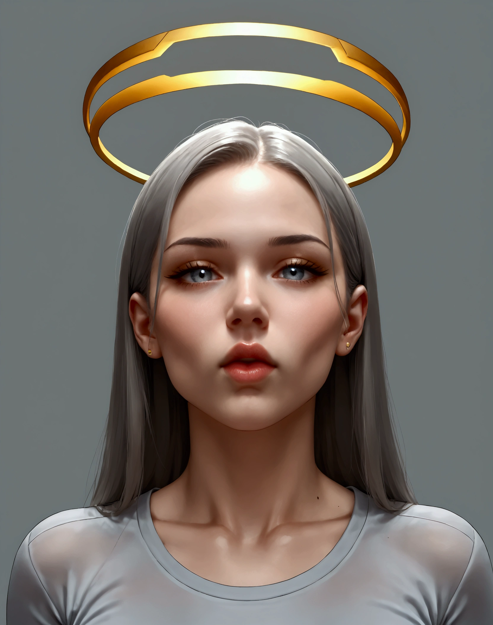 girl sucking her toes, a halo above her head, wearing tight light gray pants, the body is covered only by golden lines of energy, the background is dark gray. The image has a transparent effect with an iridescent shine that gives it depth. dark and mysterious