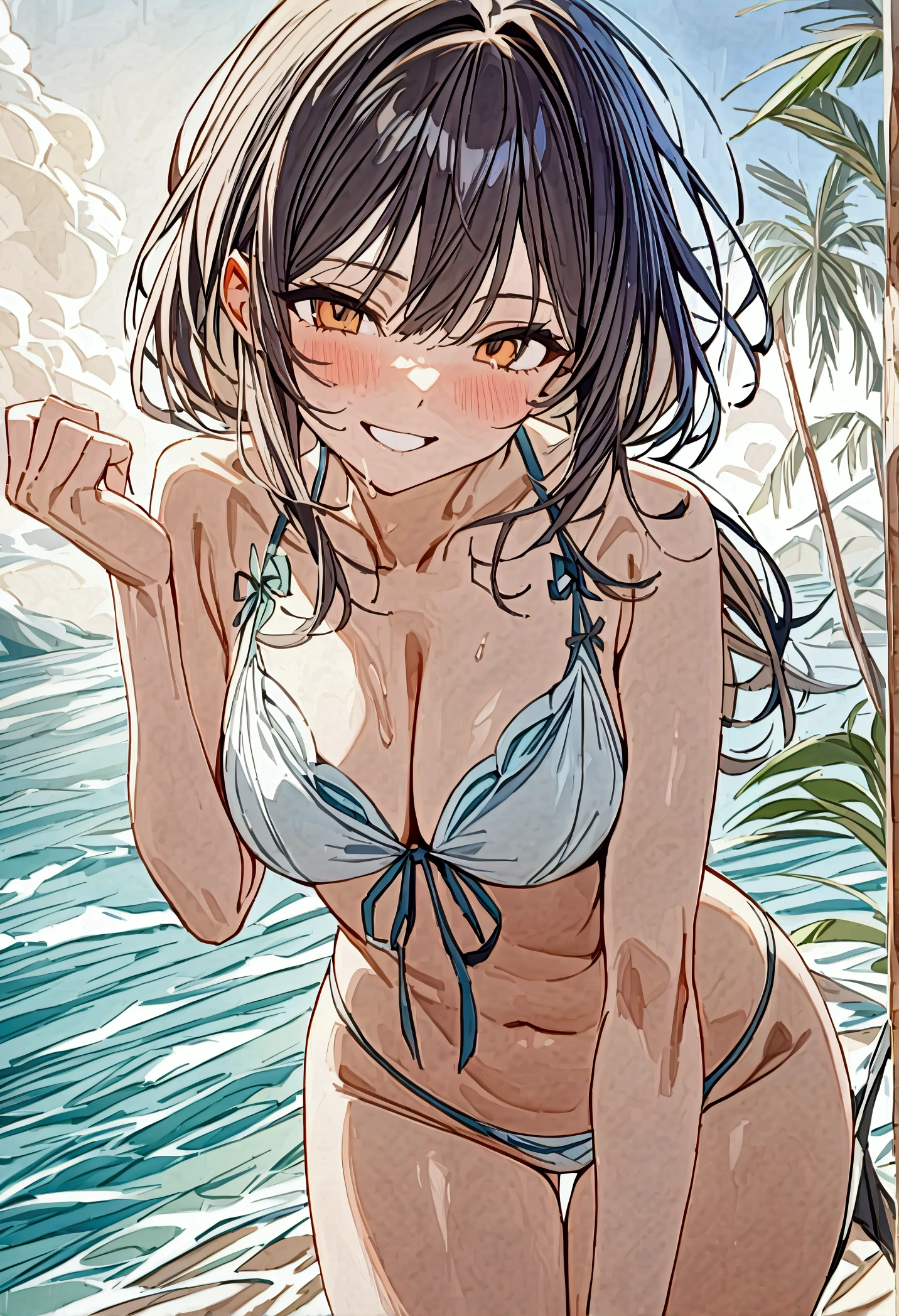 japanese milf, large breasts, drawing, monochrome, beachwear,