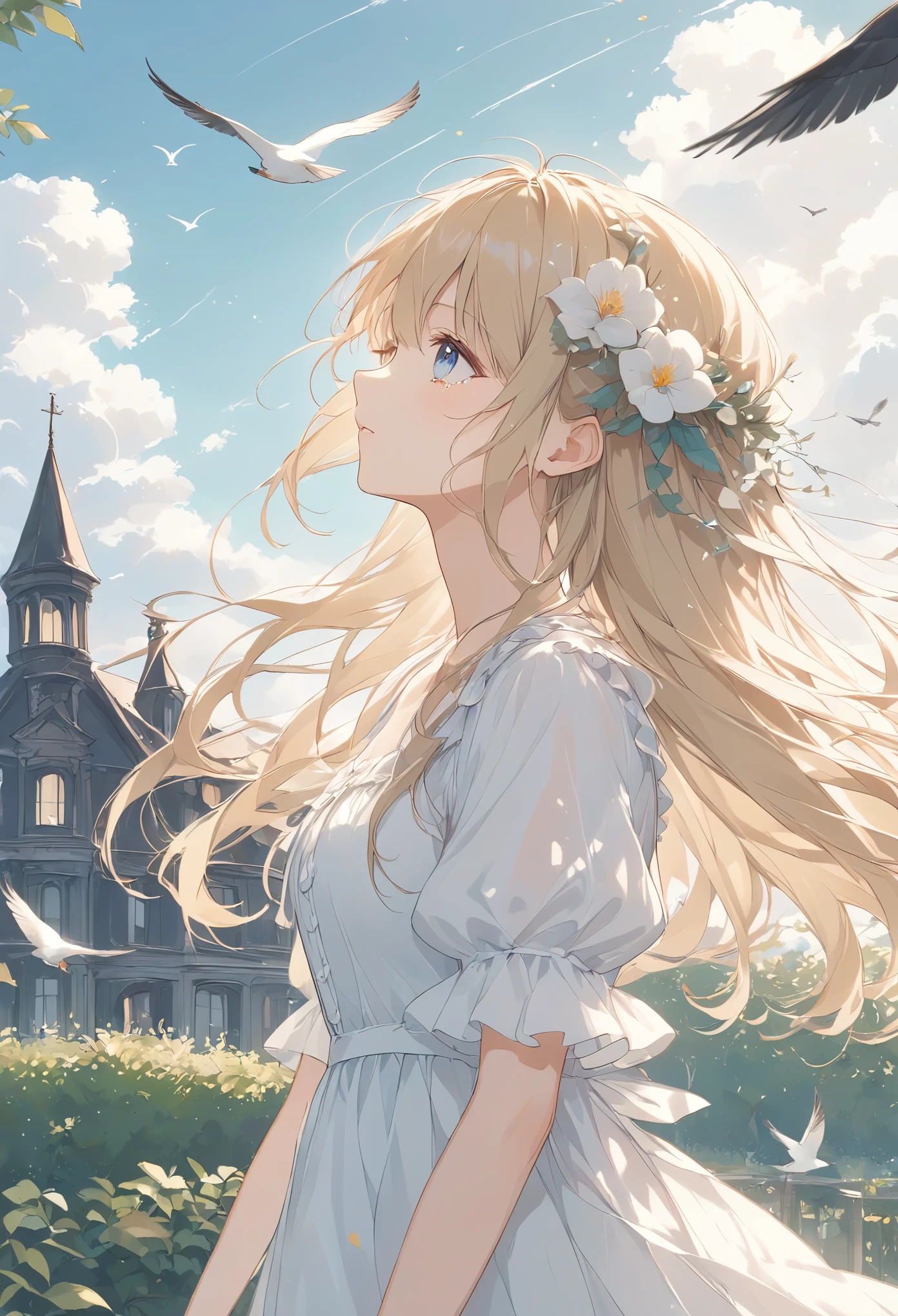 Light line drawing、Pale colors、 Sunlight shines through overcast clouds、Burnt down mansion、Sooty Dress 、Girl standing in the garden、Blonde、Long Hair、tears、Look at the sky、Birds fly, profile close-up 