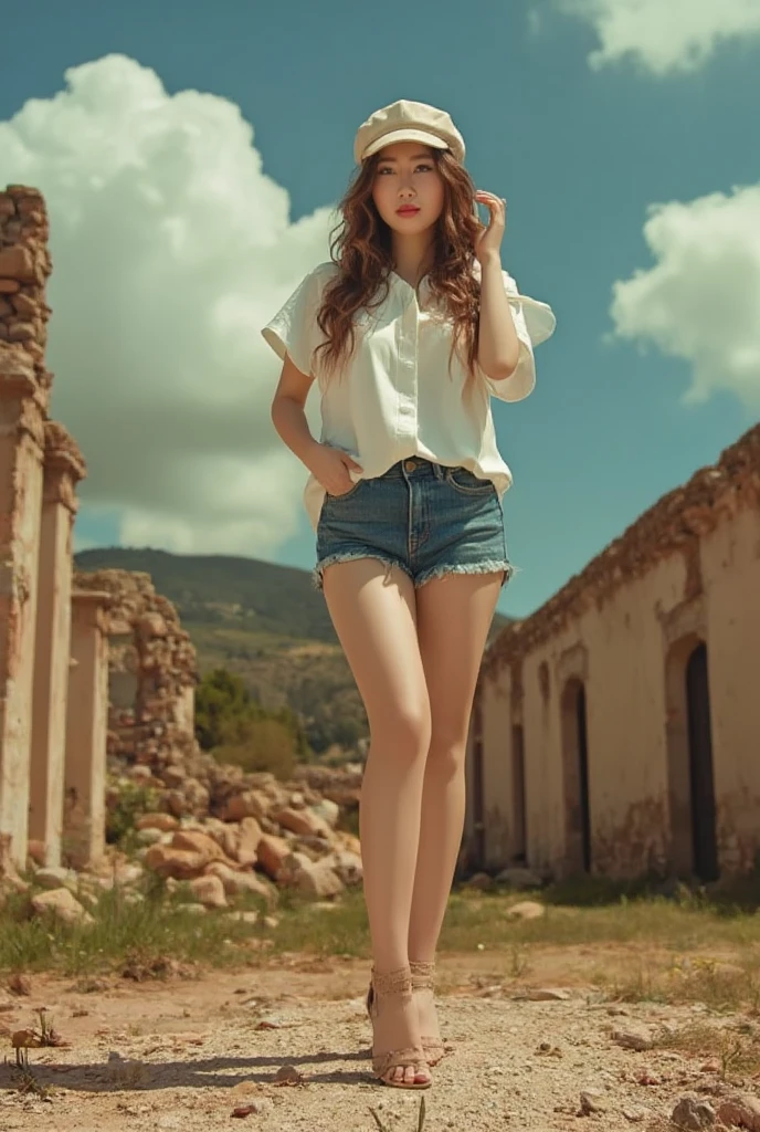 female focus,full body,cinematic angle,blue sky with clouds,no humans,building_ruins,poster,wavy_hair,collared shirt,denim shorts,high heeled sandals,areola_slip,cabbie_hat,