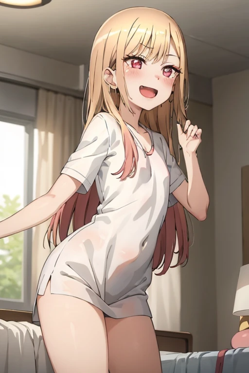 ((Best Quality)), ((masterpiece)), (be familiar with),  perfect face, indoor, bedroom, Watching the audience,
One woman, Kitagawa Marin,
Open Mouth, Ecstatic expression, blush, smile,
Small breasts,  flat chest, , , , Girl,
Long Hair, Long Hair,
Leg spread,