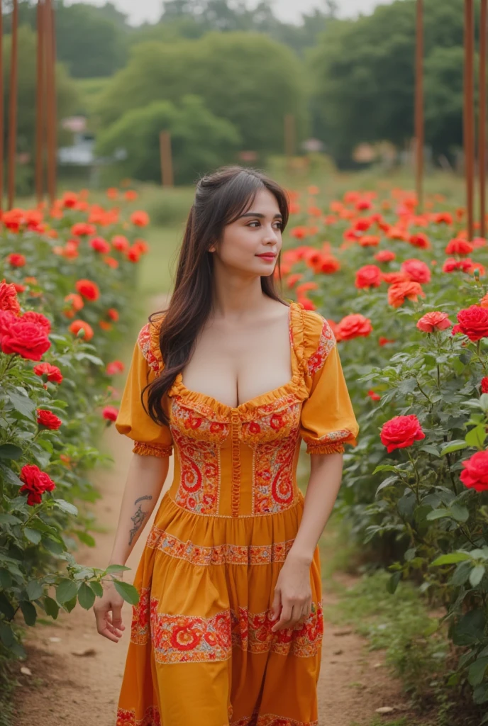 professional photo of tv_Alina_Sanko_M, , , serene expression, wearing an elegant colorful summerdress, walking through an ornate rose garden, noon, summer, colorful butterflies, ((cowboy shot)),, 8k resolution, highres, high detail, sharp focus, detailed skin, 8k uhd, bokeh, analog photography,