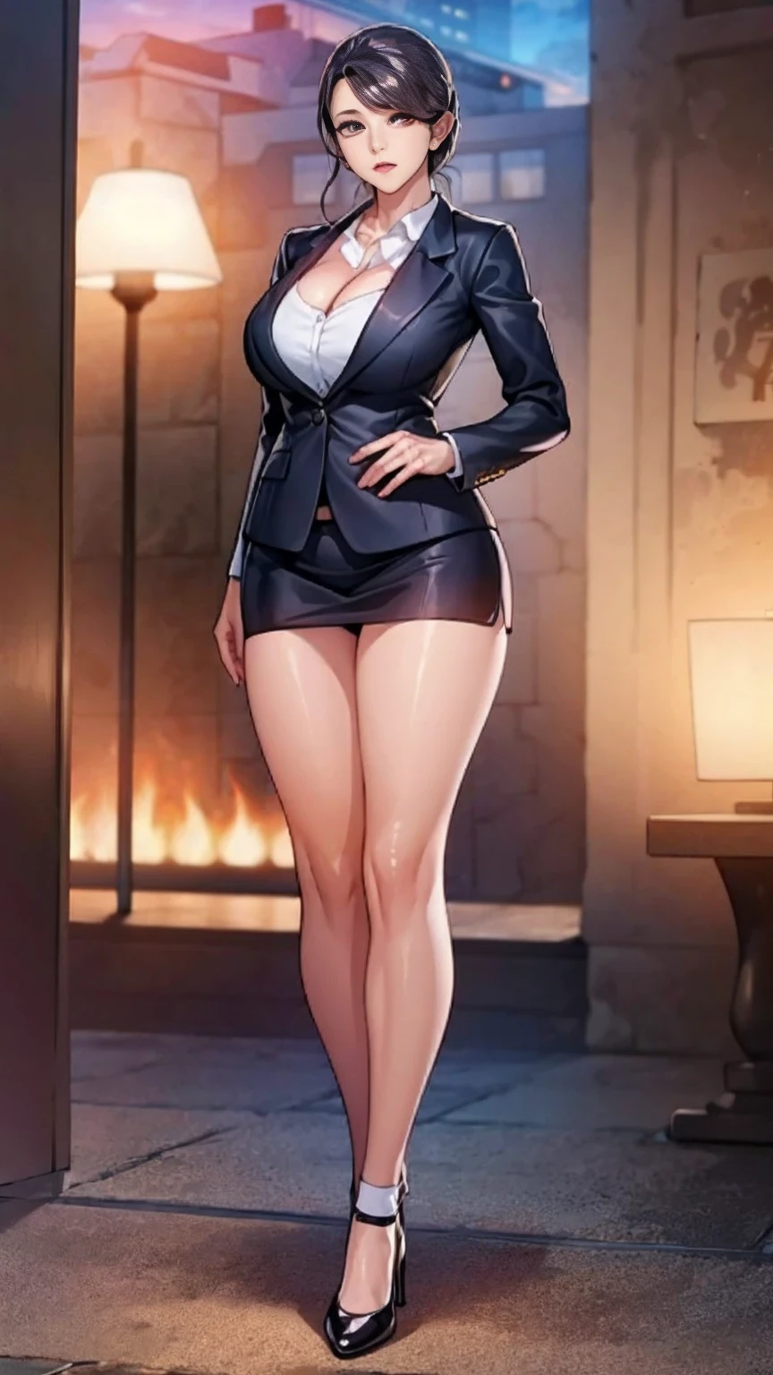 (mesa,high quality,16k:1.1),(Depth of fields:1.3) ,((front body:1.35)),German ,women, ((Business suit, mini skirt)), socks,huge breasts, voluptuous, thick, curves,(looking at the viewer:1.3),(full body shot:1.2),(Beautiful morning view of the city:1.2), high. sexy, mini skirt, pantisocks, long sexy legs, neckline, realistic, huge cleavage, huge breasts
