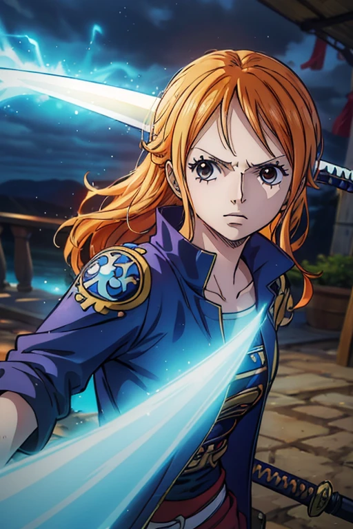  (Best Quality, 4K, 8k,  High Resolution , masterpiece:1.2), Super detailed, (Realistic, photoRealistic, photo-Realistic:1.37), Preserve anime style,Nami from One Piece,Pale orange hair ,Left shoulder tattoo,Knight,  wearing Western armor ,sword,青光り輝くswordを振るう,彼女は有能な雷魔法sword士である, a world where blue lightning and light sources shine ,(雷魔法swordの威力)