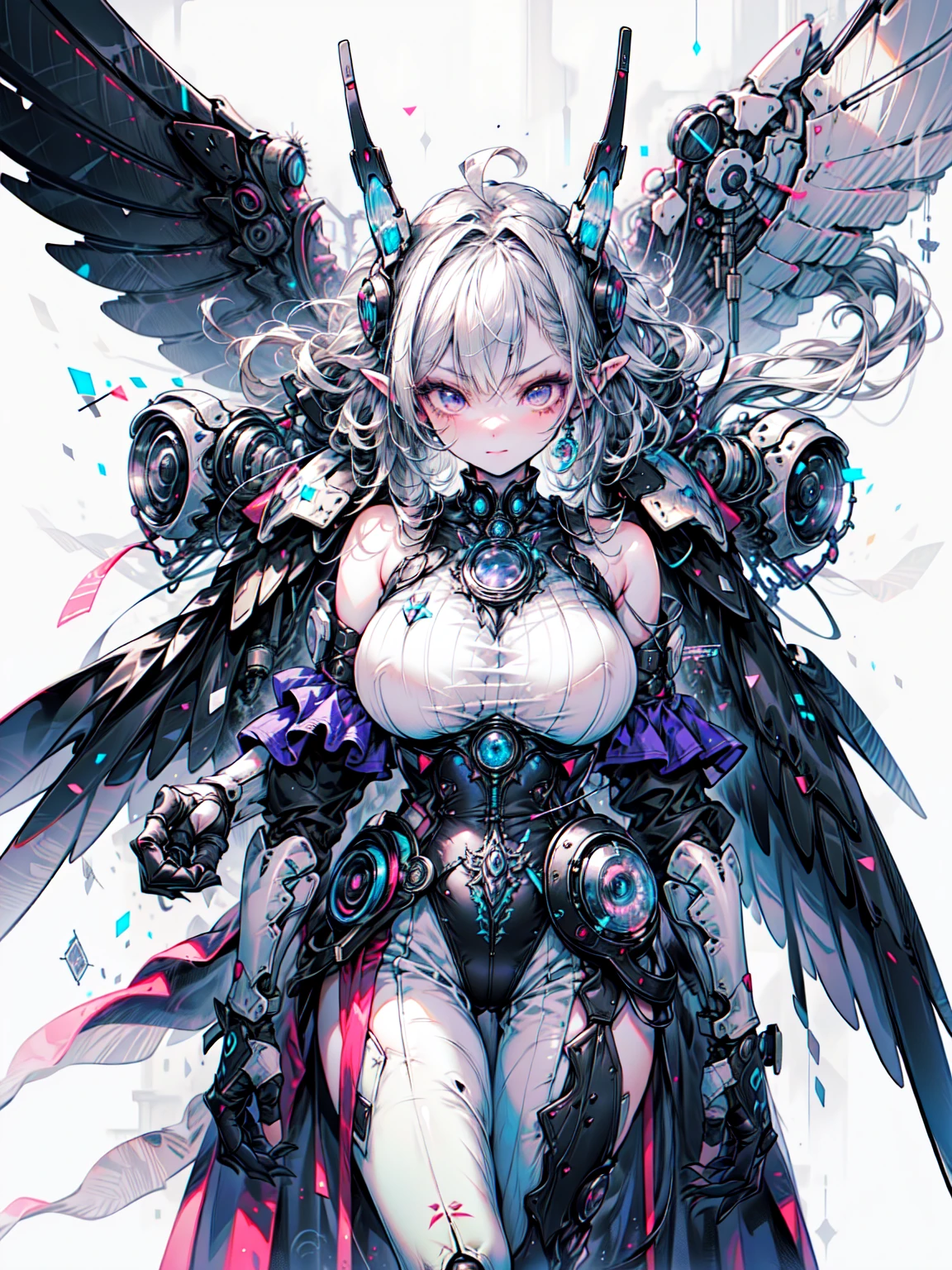 (masterpiece、 Highest quality, wonderful, Very detailedティッカーユニティ、8k wallpaper, Written boundary depth, Ultra-fine Illustration:1.5)、3d, Very detailed, (Whole Body Ezbian、Mecha Elf Girl:1.3), Sci-Fi Battlefield, Hawken, A shy smile, Open your mouth、Short Ponytail, (Grey-haired blonde, Deep blue eyes:1.2), Sparkling eyes, Embarrassingly cute face, cute, Big Breasts, Delicate hair, Messy Hair, (((Fly High))、Wide blue sky, White cloud), Shiny Hair, Shiny skin, (Symmetrical mechanical winetallic colored mechanical wings that are widely expanded to the left and right so that they protrude wonderfully from the screen, bite, White hair ornament), (Particles of light, Cinema Lighting: 1.3), (Pale pink lips: 0.8), yusuke murata.