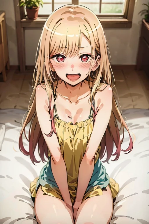 ((Best Quality)), ((masterpiece)), (be familiar with),  perfect face, indoor, bedroom, Watching the audience,
One woman, Kitagawa Marin,
Open Mouth, Ecstatic expression, blush, smile,
Small breasts,  flat chest, , , , Girl,
Long Hair, Long Hair,
Leg spread,