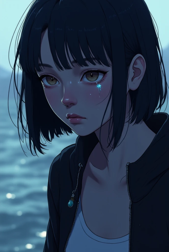 Cybanime, a tearful person, gazing downward. Their face is lit softly from one side, emphasizing the shimmer of tears on their cheek. The background is blurred, with cool, dark tones creating a sense of isolation and sadness. The person’s expression shows quiet despair and reflection.
