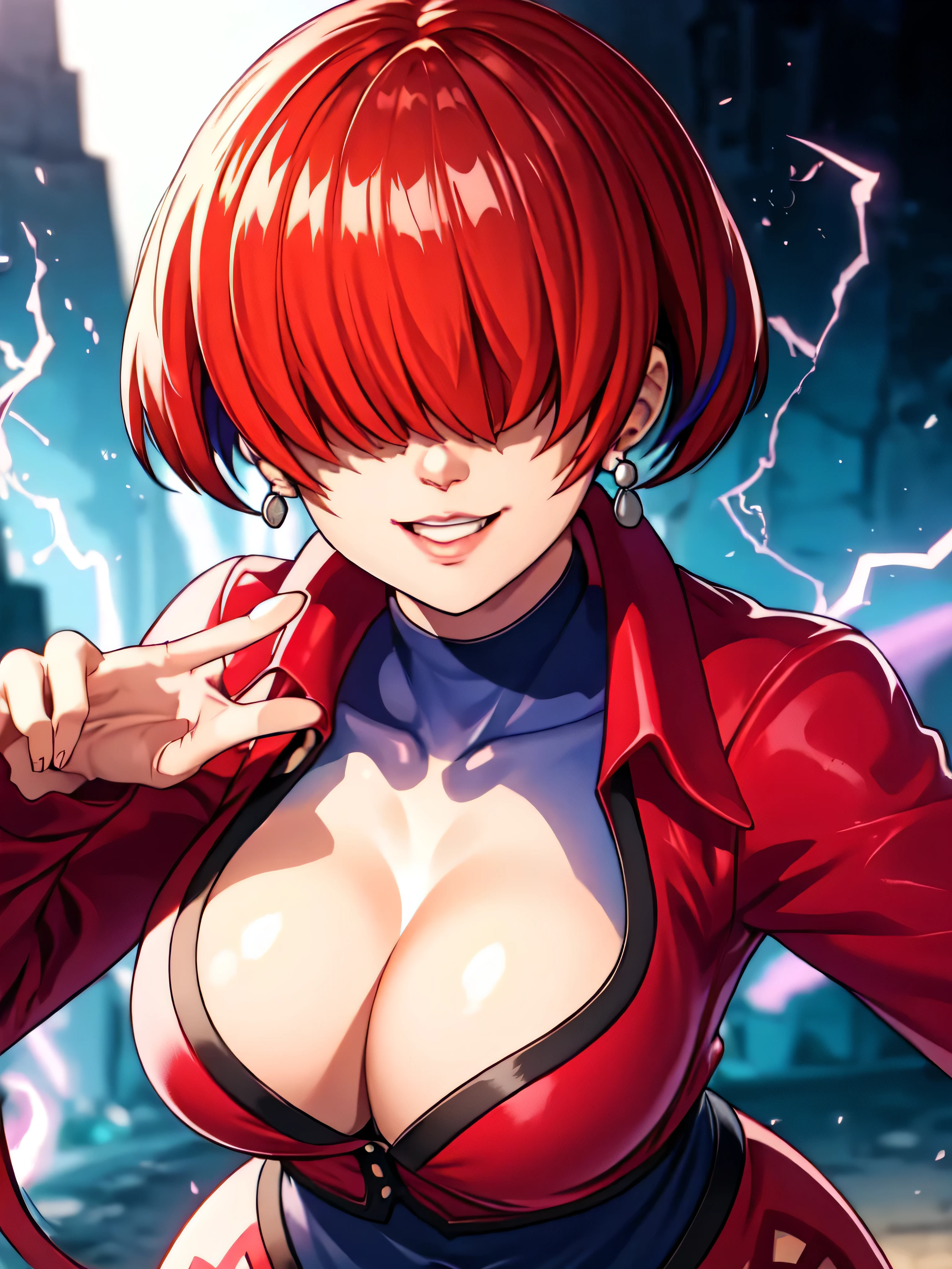 black and thunder background,
Red outfit,Red jacket,choker, cleavage cutout, clothing cutout, 
earrings,close mouth,
Red hair,bangs,((hair over eyes)),,five finger,
1 girl, 20yo,Young female,upper body,Beautiful body,Beautiful Nose,Beautiful character design, evil smile,Ruined City
looking down at viewer,(Focus on her face),,evil smirk ,lightning circle,
official art,extremely detailed CG unity 8k wallpaper, perfect lighting,Colorful, Bright_Front_face_Lighting,shiny skin,
(masterpiece:1.0),(best_quality:1.0), ultra high res,4K,ultra-detailed,
photography, 8K, HDR, highres, absurdres:1.2, , film grain, , bokeh:1.2, lens flare, (vibrant_color:1.2),professional photograph,
(Beautiful,large_Breasts:1.4), (beautiful_face:1.5),(narrow_waist),conceit,smile worst,手から雷を放つ,