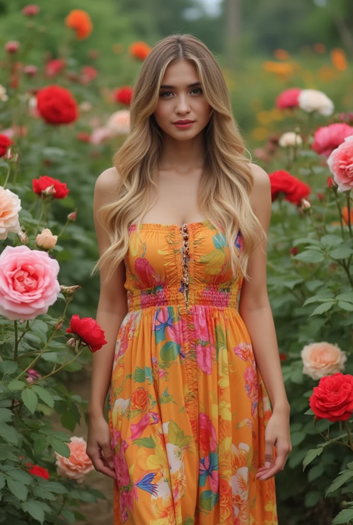 professional photo of tv_Alina_Sanko_M, , , serene expression, wearing an elegant colorful summerdress, walking through an ornate rose garden, noon, summer, colorful butterflies, ((cowboy shot)),, 8k resolution, highres, high detail, sharp focus, detailed skin, 8k uhd, bokeh, analog photography,