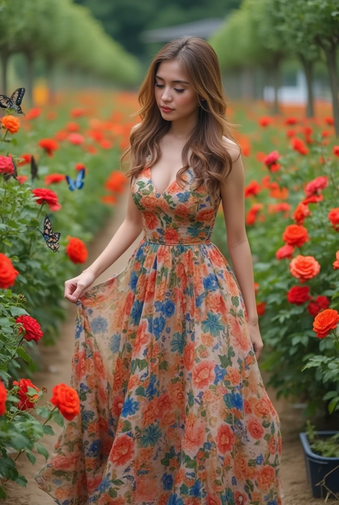 professional photo of tv_Alina_Sanko_M, , , serene expression, wearing an elegant colorful summerdress, walking through an ornate rose garden, noon, summer, colorful butterflies, ((cowboy shot)),, 8k resolution, highres, high detail, sharp focus, detailed skin, 8k uhd, bokeh, analog photography,