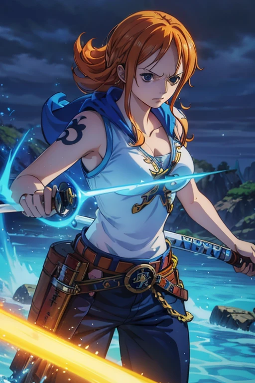  (Best Quality, 4K, 8k,  High Resolution , masterpiece:1.2), Super detailed, (Realistic, photoRealistic, photo-Realistic:1.37), Preserve anime style,Nami from One Piece,Pale orange hair ,Left shoulder tattoo,Paladin,  wearing Western armor ,Wield a blue sword,有能な雷魔法剣士である, a world where blue lightning and light sources shine ,( is a competent thunder magic swordsman, rocks can be broken by the power of the thunder magic sword)