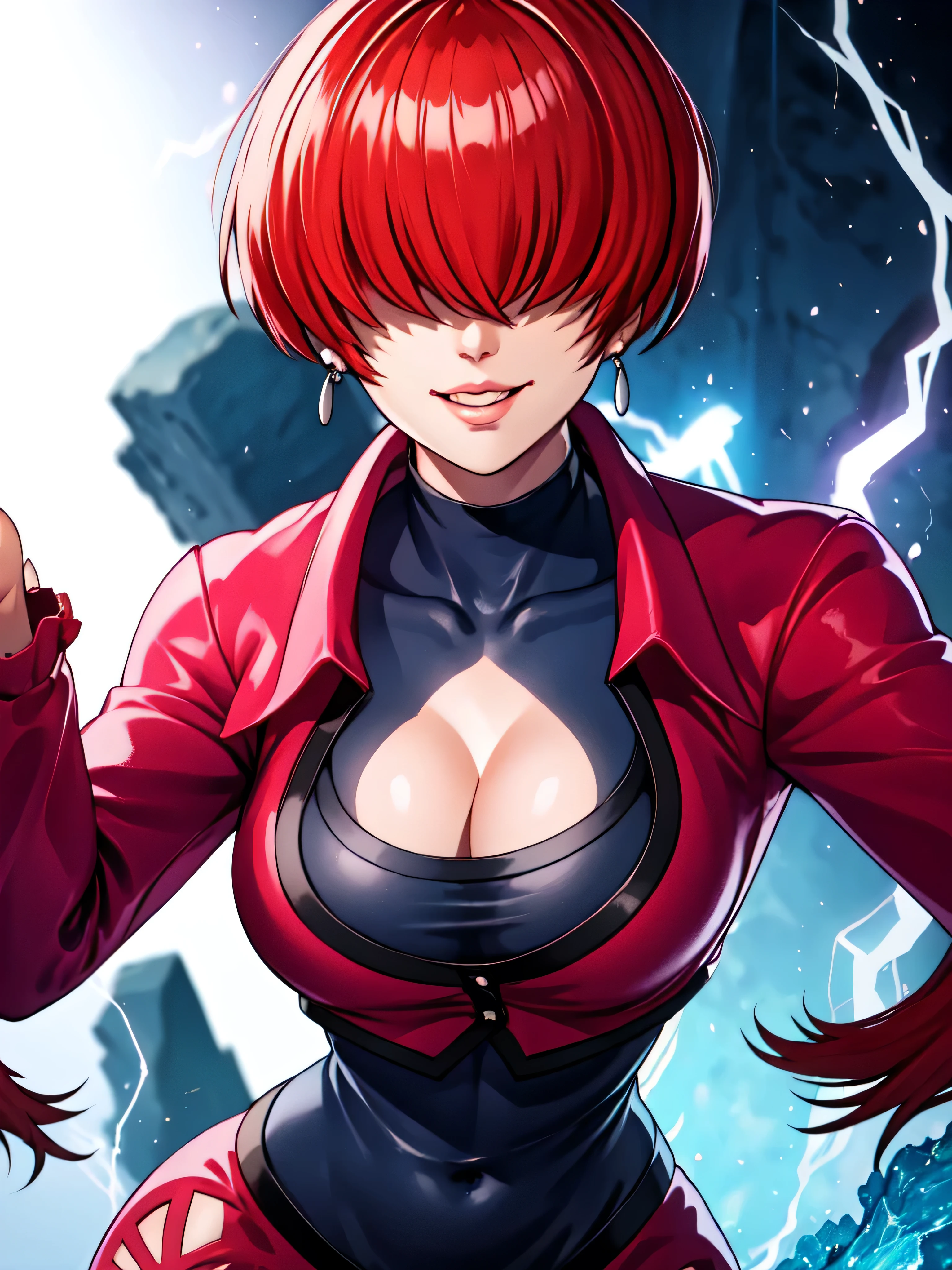 black and thunder background,
Red outfit,Red jacket,choker, cleavage cutout, clothing cutout, 
earrings,close mouth,
Red hair,bangs,((hair over eyes)),,five finger,
1 girl, 20yo,Young female,upper body,Beautiful body,Beautiful Nose,Beautiful character design, evil smile,Ruined City
looking down at viewer,(Focus on her face),,evil smirk ,lightning circle,
official art,extremely detailed CG unity 8k wallpaper, perfect lighting,Colorful, Bright_Front_face_Lighting,shiny skin,
(masterpiece:1.0),(best_quality:1.0), ultra high res,4K,ultra-detailed,
photography, 8K, HDR, highres, absurdres:1.2, , film grain, , bokeh:1.2, lens flare, (vibrant_color:1.2),professional photograph,
(Beautiful,large_Breasts:1.4), (beautiful_face:1.5),(narrow_waist),conceit,smile worst,手から雷を放つ,