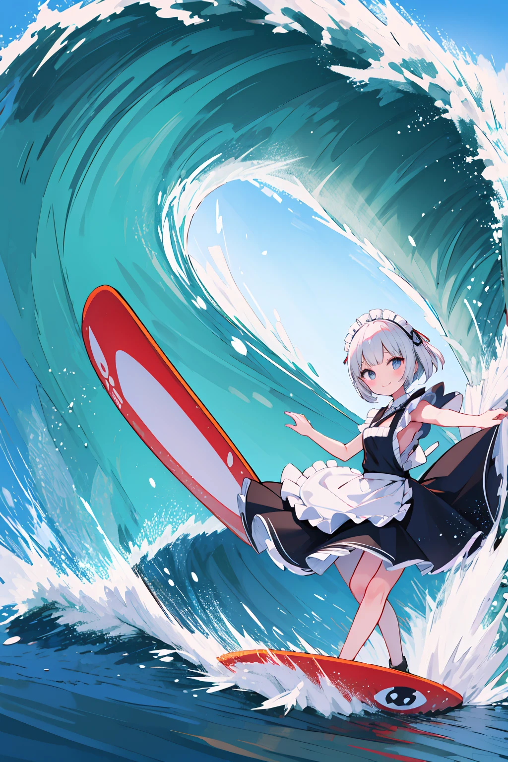 (8k, Best Quality, masterpiece: 1.2),Ultra-high resolution, 1 person, solo,Highly detailed face, Apron dress, Black Dress,  White Apron , black and white maid outfit,  random hairstyles, Bob Hair, surfing, sea, Wave, sunlight, like, Bright smile,  splash from below, Overall image, soaked, 