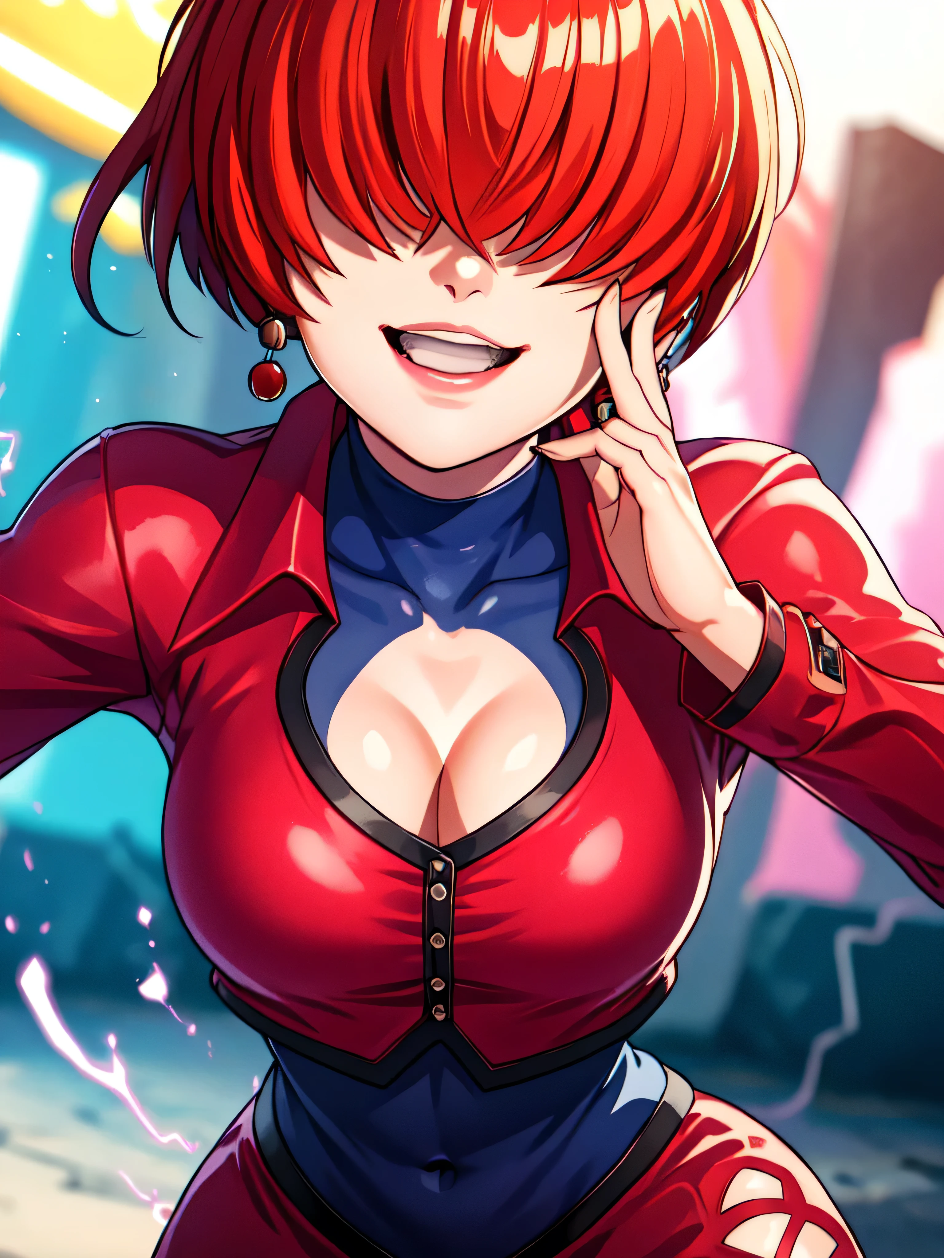 black and thunder background,
Red outfit,Red jacket,choker, cleavage cutout, clothing cutout, 
earrings,close mouth,
Red hair,bangs,((hair over eyes)),,five finger,
1 girl, 20yo,Young female,upper body,Beautiful body,Beautiful Nose,Beautiful character design, evil smile,Ruined City
looking down at viewer,(Focus on her face),,evil smirk ,lightning circle,
official art,extremely detailed CG unity 8k wallpaper, perfect lighting,Colorful, Bright_Front_face_Lighting,shiny skin,
(masterpiece:1.0),(best_quality:1.0), ultra high res,4K,ultra-detailed,
photography, 8K, HDR, highres, absurdres:1.2, , film grain, , bokeh:1.2, lens flare, (vibrant_color:1.2),professional photograph,
(Beautiful,large_Breasts:1.4), (beautiful_face:1.5),(narrow_waist),conceit,smile worst,手から雷を放つ,