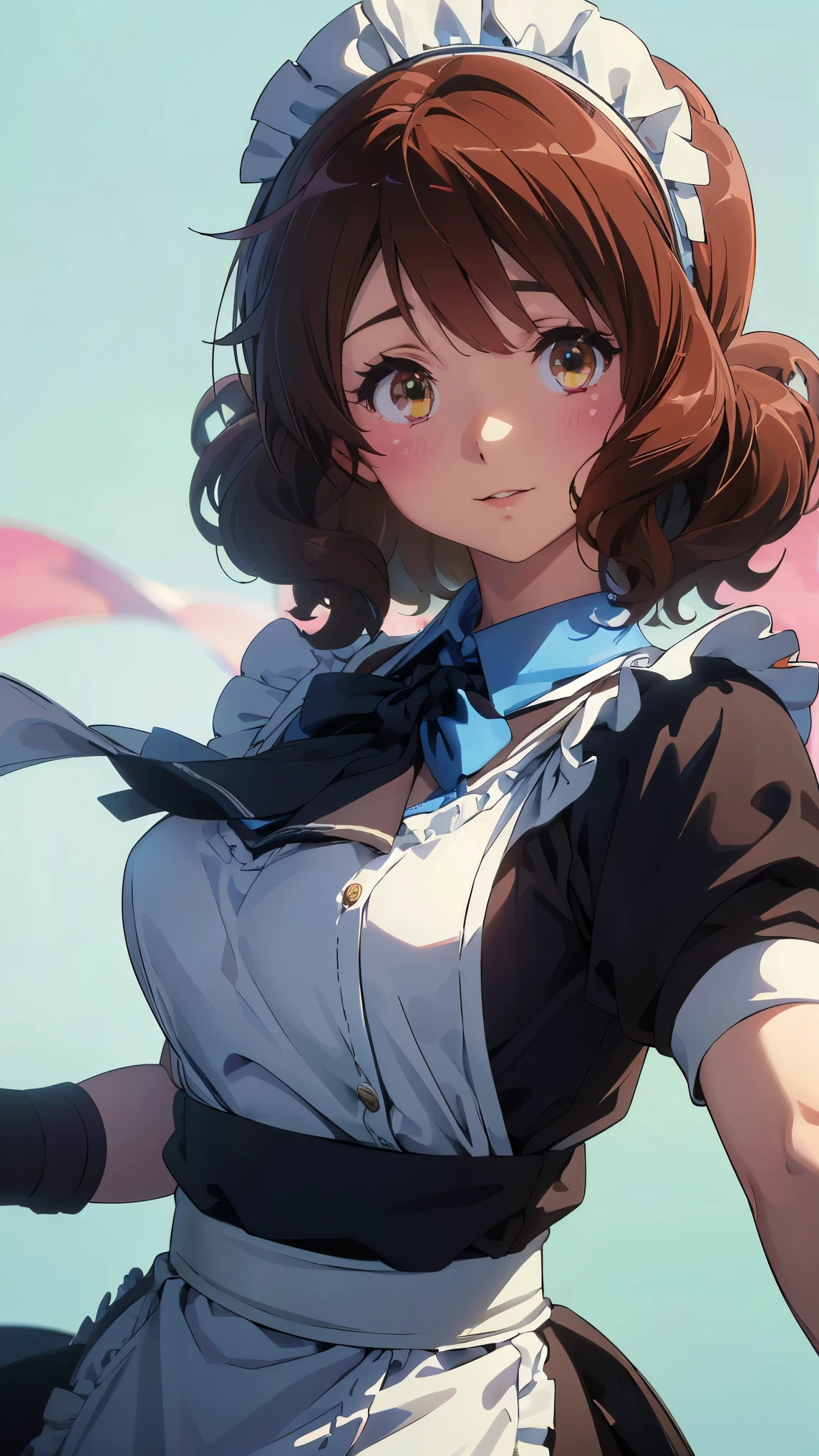 (最High image quality, 8k, High image quality, high detail,masterpiece:1.2)、kumiko oumae,Eye light、Face Light、  Sparkling Eye 、Alone、1 girl、 viewers、anime、animeカラーリング、(from the front:1.3)、(Perfect hands,  Perfect Anatomy)、(Looking at the viewer、 focus on the face)、Sparkling Eyes、(from the front:1.3),Alone,1 girl、Cool beauty、( viewers、Blur the background:1.3)、animeカラーリング、(noon、 school festival _Maid Cafe), ( Perfect hands,  beautiful detailed eyes))、 (Maid uniform:1.2), （Made Cloth, Mini Swirl Skirt, Maid Bandana,  black stockings, Wristbands）、(Blur the background:1.3)、Before the topic、Detailed skin、(( The image placed in the center )),((Glowing Skin,smile))、 (((masterpiece))), ((top-quality)), (( complicated details)),  perfect eyes, Captivating Eyes,