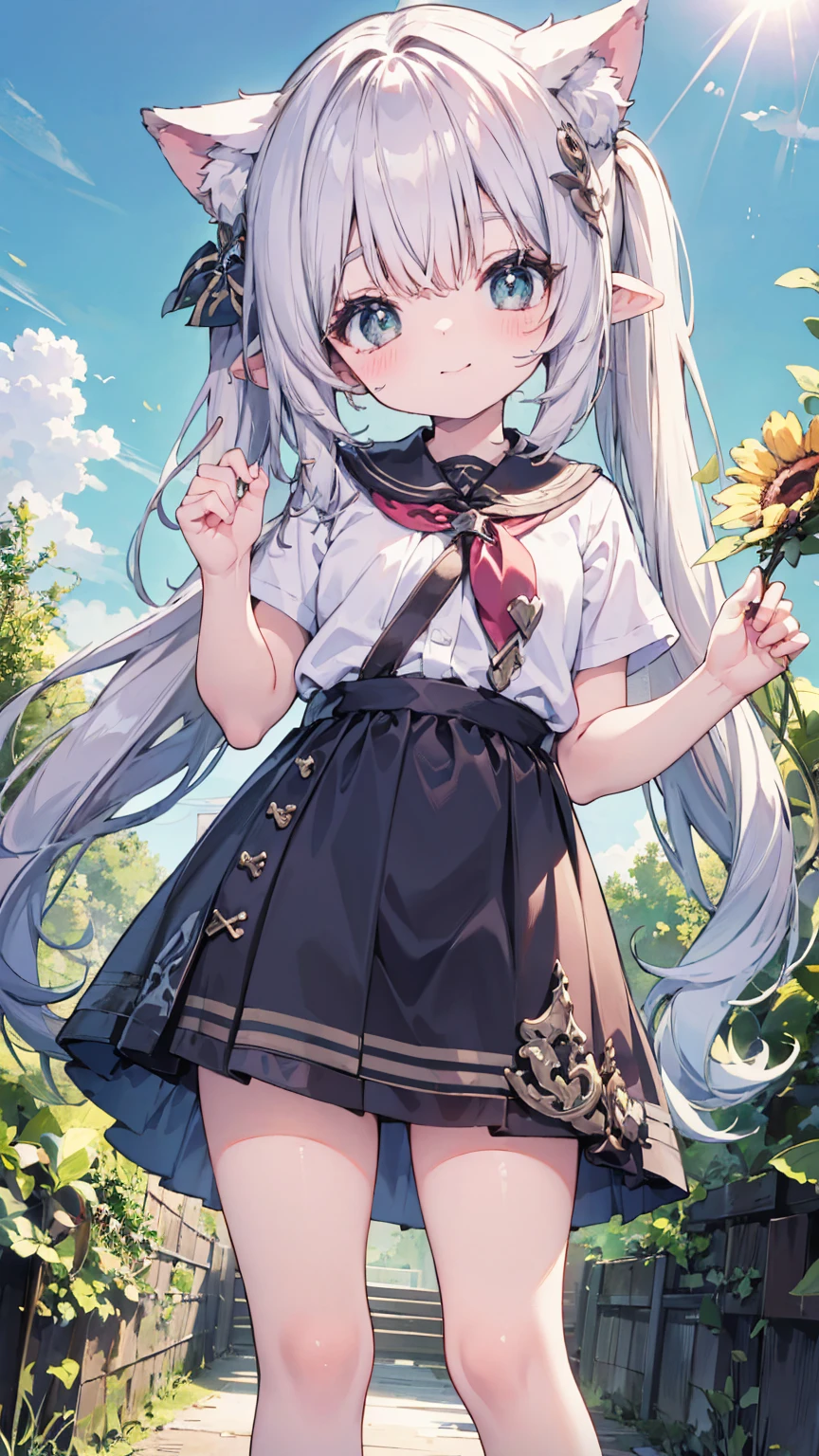 absurd, absolute resolution, incredibly absurd, super high quality, super detailed, official art, unity 8k wall, masterpiece
BREAK
One , innocent, cute cat, small and young toddler, cute tiny baby body size , cute smile ,  (Super detailed),  ((Standing under a beautiful sunny sky:1.3)),(1 person、:1.4)、cute face, (((shirt lift half show pusy)) ,long hair