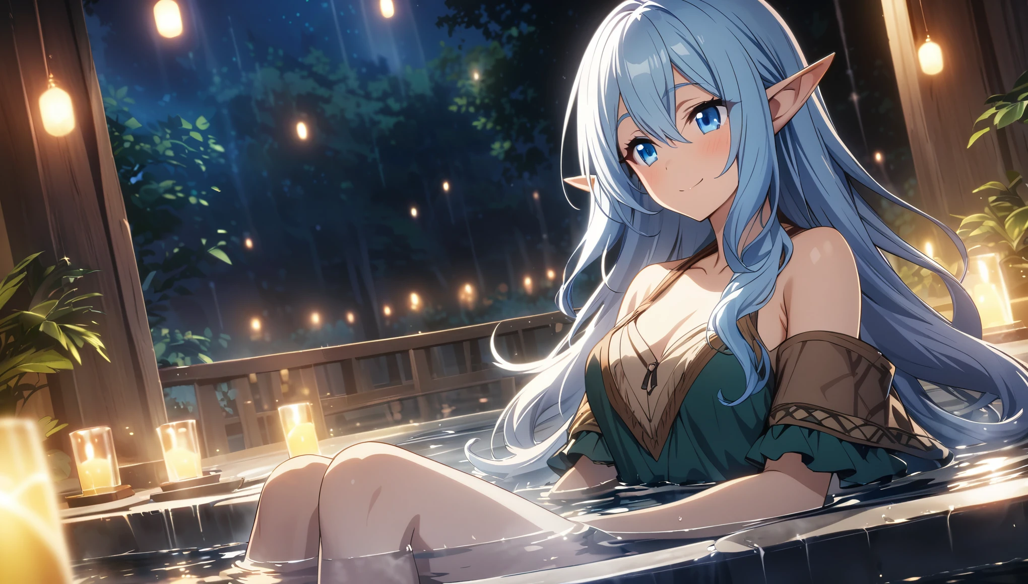   light blue hair,Hair style is twin tails,light blue eyes,white skin,Elf two-dimensional beautiful girl,smile,Thick body type,Hot spring,bathing naked,beautiful nipples,with five Elf two-dimentional beautiful girls, looking at viewer, blush, smile, open mouth, bangs, hair between eyes, Lower half of the body is in hot water, outdoors, day, water, tree, streaked hair,cherry blossoms, onsen,  no-swimwear, no-underwear, (blizzard of falling cherry blossoms )
