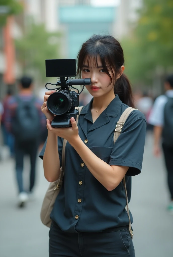 Girl, wearing sunglasses, army green clothes, holding a DSLR camera