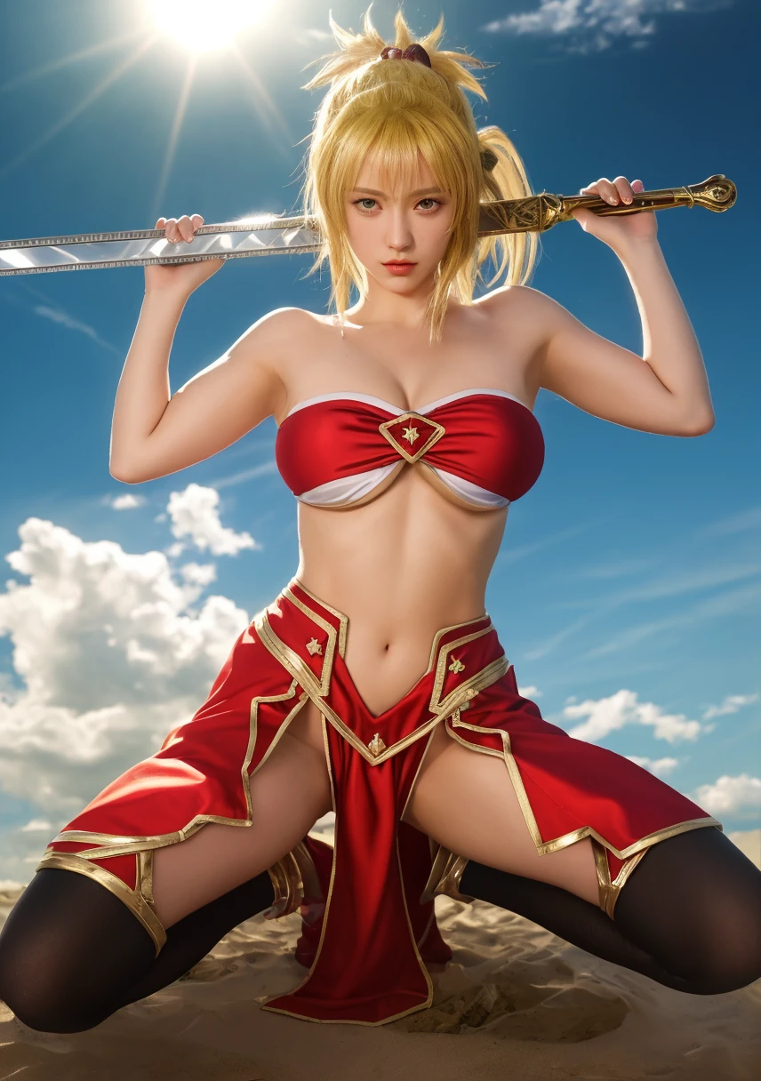 Blonde woman holding sword and red dress holding sword, natalie from epic battle fantasy, pinup. lord of daggers, fanart, cel - shaded art style, anime in fantasy style, Lori, snow white as a d & d fighter, guilty gear art style, inspired by Masamune Shirow, cushart kenz, saiyan girl