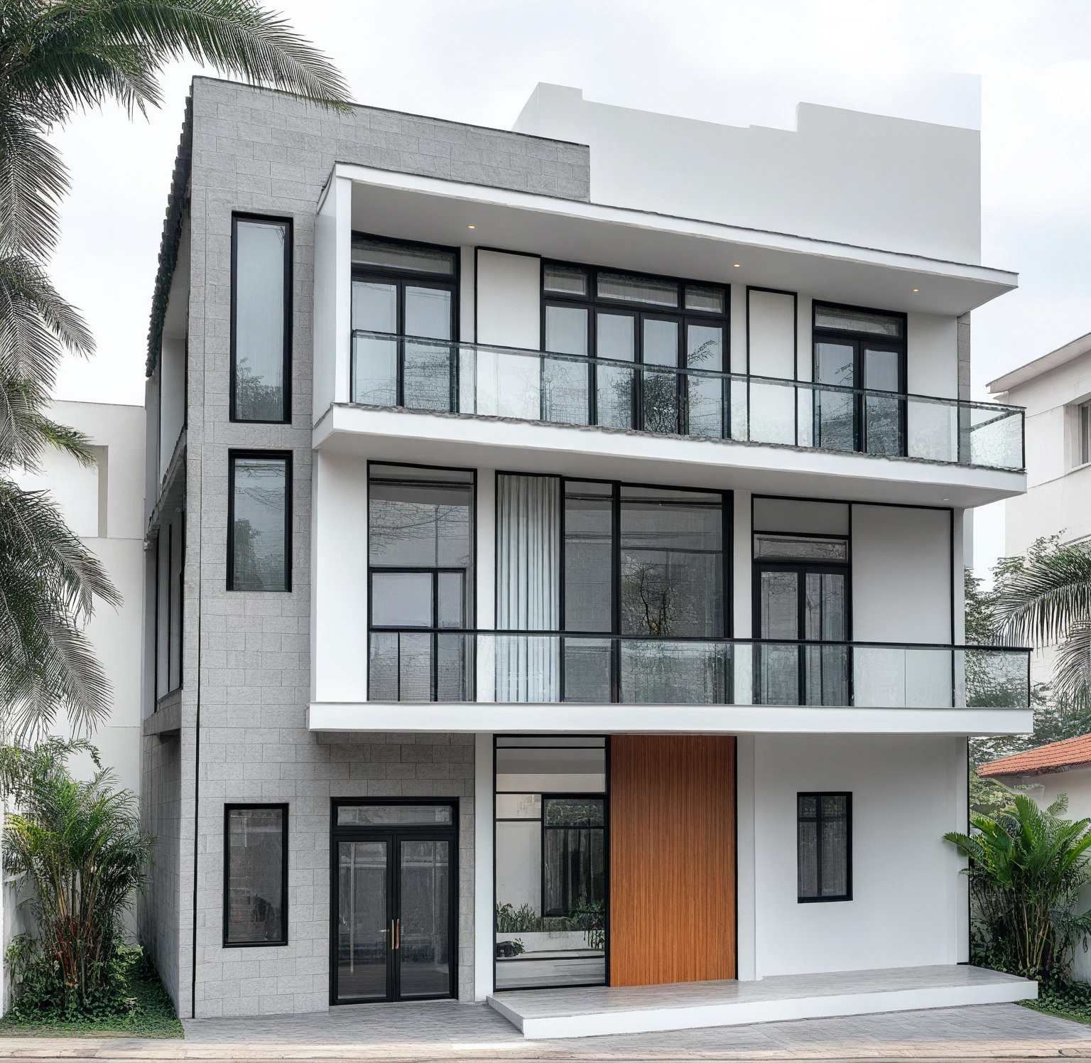 neo classical villa on street, (daylight), tropical tree, vivid colour, streetcapes, white tone, black detail, white wall, large glass door, warm interior lighting, best quality, masterpiece, ultra realistic