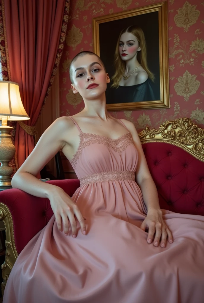 (She is visibly very sexually aroused by the viewer and is anxiously excited), the scene is a surreal, luxurious image of a woman sitting elegantly on a lavish, baroque-style couch with ornate golden carvings. She is dressed in a flowing, pink dress with delicate lace details that catch the soft ambient light. Her head is clean shaven and bald, similar to her pale, freckled ethereal face. The room around her is richly decorated, with heavy velvet curtains in a deep crimson hue and walls adorned with intricate, golden floral patterns. A vintage lamp casts a warm glow, contrasting with the cool blue light that illuminates her. Behind her is a framed portrait of her with long flowing hair. The scene has a cinematic, dreamlike quality, with subtle hints of abstraction—the colors appear rich and saturated, giving the room an almost otherworldly atmosphere. In the background, a mysterious, shadowy painting hangs on the wall, adding a sense of intrigue.
