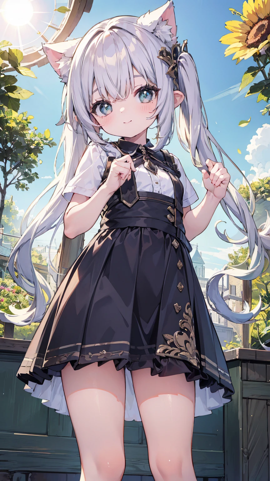 absurd, absolute resolution, incredibly absurd, super high quality, super detailed, official art, unity 8k wall, masterpiece
BREAK
One , innocent, cute cat, small and , cute tiny baby body sizcute smile ,  (Super detailed),  ((Standing under a beautiful sunny sky:1.3)),(1 person、:1.4)、cute face, (((shirt lift half show pusy)) ,long hair