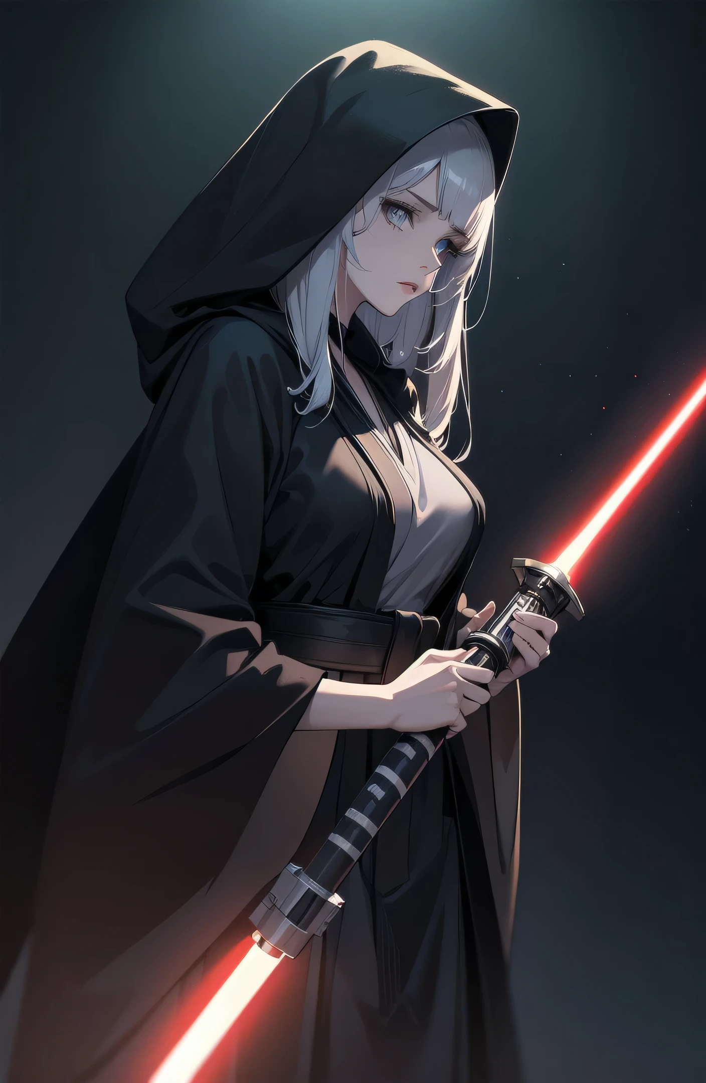 Shadow Face、Star Wars, jedi, black jedi robe、Black Robe, black belt,Star Wars concept art, Star Wars、jedi、Lightsabers、Black Robe、jediの服、Black hoodを被る、Star Wars、beautiful girl、cute、Droopy eyes、Random hair color、Beautiful Long Hair、Straight hair、bangsBangs、bangs、hime cut、Big Breasts、Slim body、slim、(Best Quality,4K,High resolution,Masterpiece 1.2),Very detailed,Real 1.37,Spooky Background,Dark fantasy,Black Theme,Ominous atmosphere,Eye-catching,Anime Style,Concept Art,beautiful, Gentle features, pale Skin, night、Dim lighting、Dark Background, Cinema Lighting, Dramatic Shadows, Spooky atmosphere, Dark words, 1 person&#39;S, Red cheeks, ,(Lightsabers1.3),Ruins,(Wasteland 1.3),((Random hair color)), Female Curves, Sexy flat stomach, Perfect hands, Extend one hand、Perfect anime character face, (Black hood)), standing, ((Black Robe), ,(Star Wars 1.3), In the woods, Moonlight Illumination, Night lighting, jungle、Space Fantasy,SF, Skeleton Gas Light,Absurd, High resolution、 ((Star Wars)), ((Best Quality)), (Very detailedな), ((Very detailed)), (beautiful), ((cute)), 1 person,(1.6)、beautiful face、Full Body Ezbian、pale, Beautiful skin、Big Breasts、Beautiful body、Slim body、beautiful feet、Smiling Kindly、Dark Building Ruins、(Ruins 1.3)、Low angle full body shot、(Random Background 1.3)、(Random Lightsabers Color 1.3)、Spirits、Droopy eyes、bangs, Long Hair, Star Wars、jedi、Blue Lightsabers、Ready your Lightsabers、Star Wars Background、Ruins、In the woodsで、night