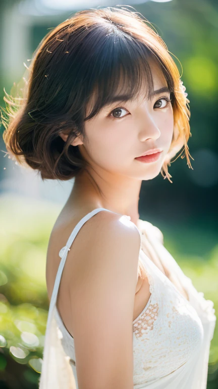 (8K, 4K, Best Quality, hight resolution:1.2), (maasterpiece, Realistic, photographrealistic:1.37), 1girl in, Solo, Beautiful face, Eyelashes, Nose, Glossy lips, (Detailed eyes, Looking at Viewer, Fair skin, White skin:1.5), fine complexion, full bodyesbian,Small breasts outside both sides up, Black hair, Bangs, Hair Ornament, Short hair, Younger, aged down,