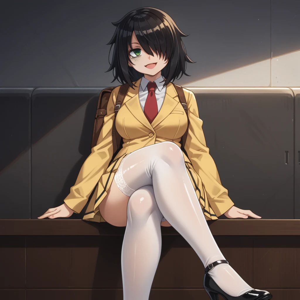 score_9, score_8_up, score_7_up,, solo, source_anime, tomokoxl, bags under eyes, hair over one eye black hair, medium hair, school uniform, red necktie, yellow skirt, short skirt, pleated skirt, yellow jacket, standing, cowboy shot, sitting, crossed legs, thick thighs, shiny skin, focus in crossed legs, underwear, white underwear, shiny underwear, lace underwear, white lace underwear, shiny lace underwear, panties, white panties, shiny panties, only crossed legs pose, sexy crossed legs, perfect crossed legs, sexy legs, big thighs, oiled thighs, oiled legs, smile, open mouth, glowing green eyes, evening time, dark room, breast, big breast, thigh highs, white thigh highs, lace thigh highs, high heels, black high heels, backpack, leather backpack, brown backpack, focus in crossed legs, focus in legs,