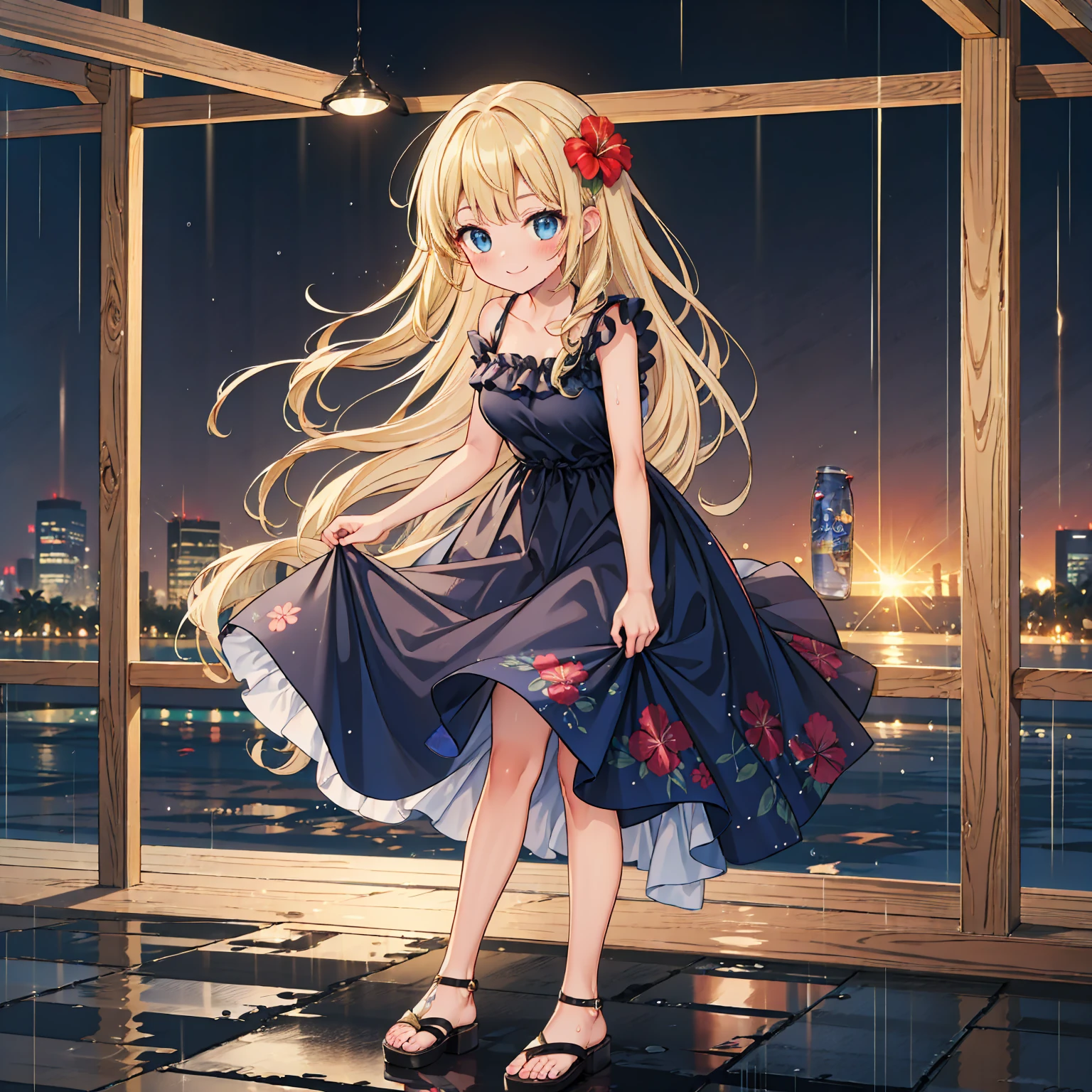 (8k,  very high quality, masterpiece:1.2), Ultra-high resolution, One Woman, cute, Small breasts, blonde,  navy blue dress, Floral, Hawaiian Dress, Sandals, whole body, heavy rain, Don&#39;t use an umbrella,  wet, ish, Bright smile, Submersion,  splash from below, Water up to my chest, 