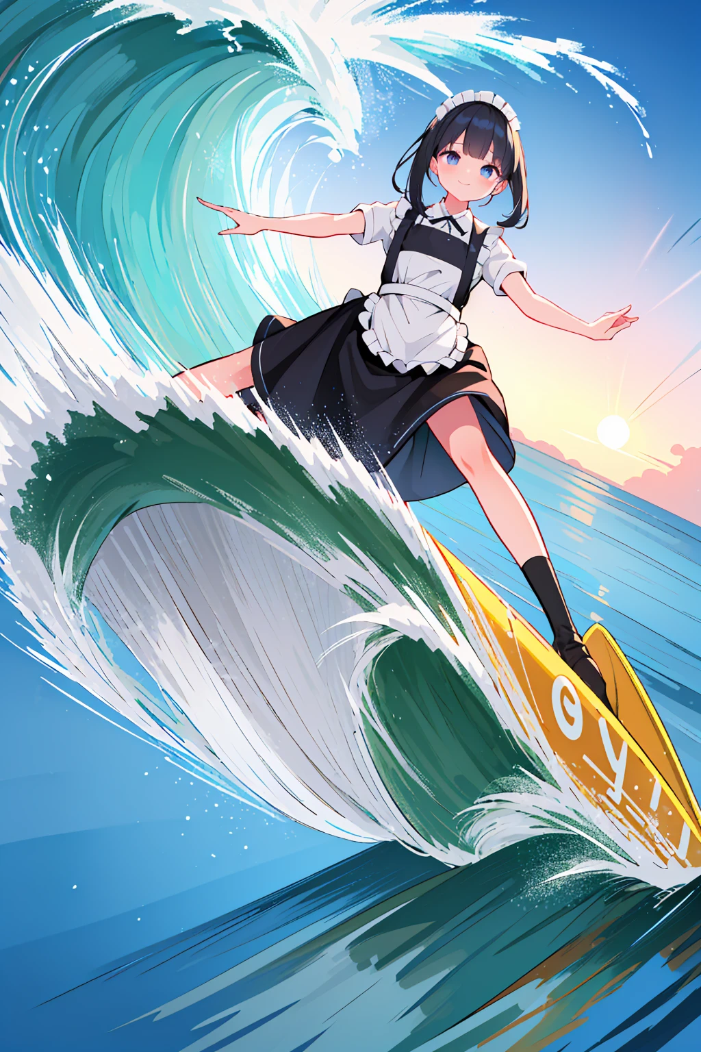 (8k, Best Quality, masterpiece: 1.2),Ultra-high resolution, 1 person, solo,Highly detailed face, Apron dress, Black Dress,  White Apron , black and white maid outfit,  random hairstyles, Bob Hair, surfing, sea, Wave, sunlight, like, Bright smile,  splash from below, Overall image, soaked, 