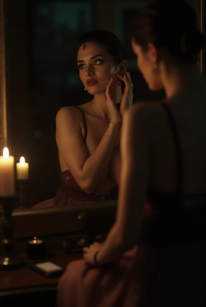 ((Highest quality)), ((masterpiece)), (detailed), A midnight reverie unfolds on the velvet-draped walls of a forgotten opera house. A sultry muse reclines on a worn crimson couch, her décolletage a ravishing crescent moon framing luscious curves that defy gravity as golden lamplosts cast an eerie glow. The subtle play of light upon her skin is illuminated in the mirror's silvered glass, where she gazes longingly into her own reflection.