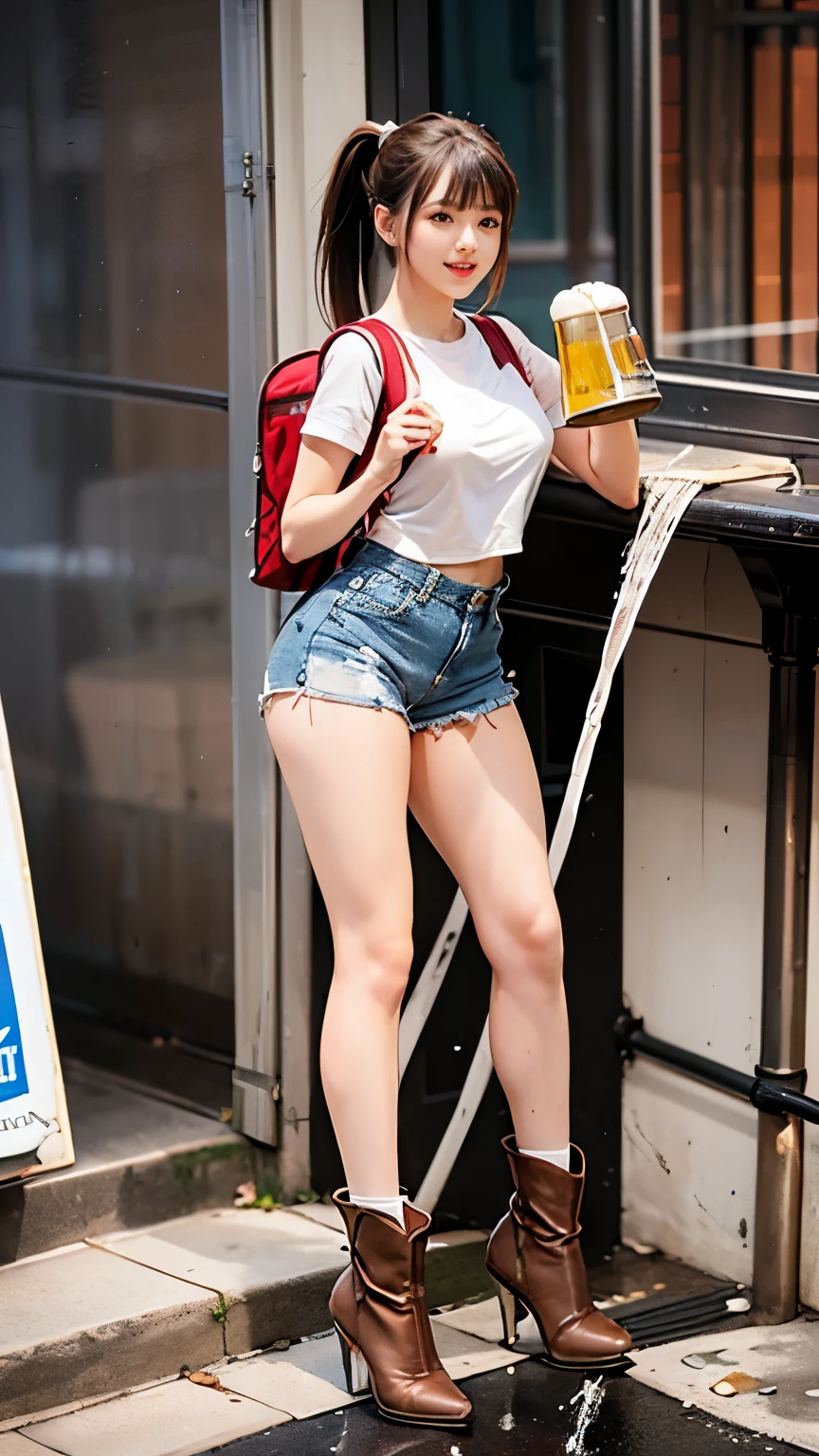 ((gulp down a drink beer mug:1.5)),voluptuous legs,(full body shot:1.2),Ultra high quality,cute face,Beautiful sexy japanese girl 1,whitet-shirt,Waistless tight sexy blue denim mini shorts,(wearing backpack:1.5),((wearing brown very short high heels boots and white loose ankle socks:1.5)),bar scene,((hairstyle ponytail:1.5)),sandy beige hair,(1girl:1.1),top model body, perfect legs,(urination:1.5), provocative, hight heels,standing up,High heels、Perfect figure、Very beautiful、Japanese girl,half smile face