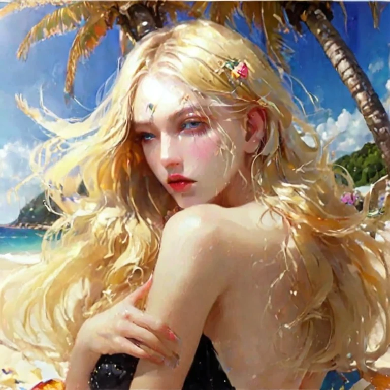 ((1 girl)), (masterpiece), (mocha skin), full body, sitting in sand, holding beach ball,dynamic posing++, bathing suit, tropical, nsfw+++, pigtails++,sexy, 1 girl+, pink eyes++, juicy lips++, full lips++, hearts++, ,long blonde hair with blue highlights with dark skin+++, honey eyes++, galaxy eyes++, beach background++, big boobs+++, thick thighs++, small waist+++, happy++, smiling++,