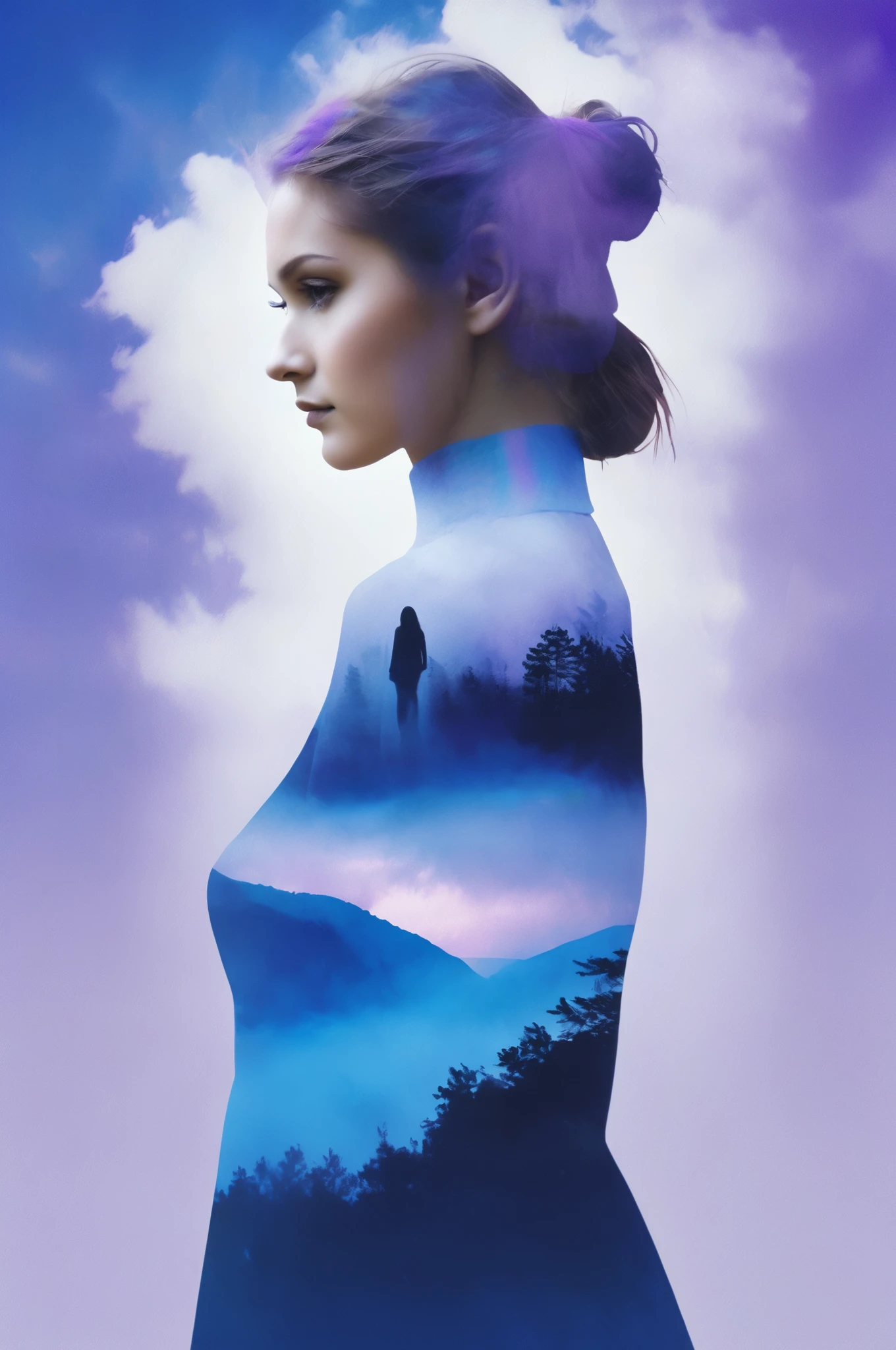 niji style, (looking at viewer:1.4), black eyes, 
Double Exposure Style, Volumetric Lighting, leaning forward,light depth, dramatic atmospheric lighting, Volumetric Lighting, double image ghost effect, image combination, double exposure style
(realistic, photorealistic),
(blue and purple:1.2), gradient, vivid color
siweishendu, silhouette, 1girl, dusk, nature, cloudy sky,siweishendu
A dress made up of colorful water, with water dotted around the girl's side. The water around the girl in ribbons, 