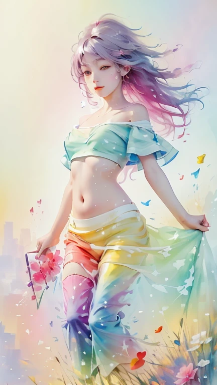 Full body portrait、(Girl floating in the air with a big colorful umbrella:1.9)、Low angle view、Blue sky background、(Highest quality、4K、8K、High resolution、masterpiece:1.2)、Super detailed、(Real、Photorealistic、Photorealistic:1.37)、Fantasy、magical realism、dream-like、Whimsical、Bright colors、Dramatic lighting、Soft Focus、Cinematic、Intricate details、A wonderful composition