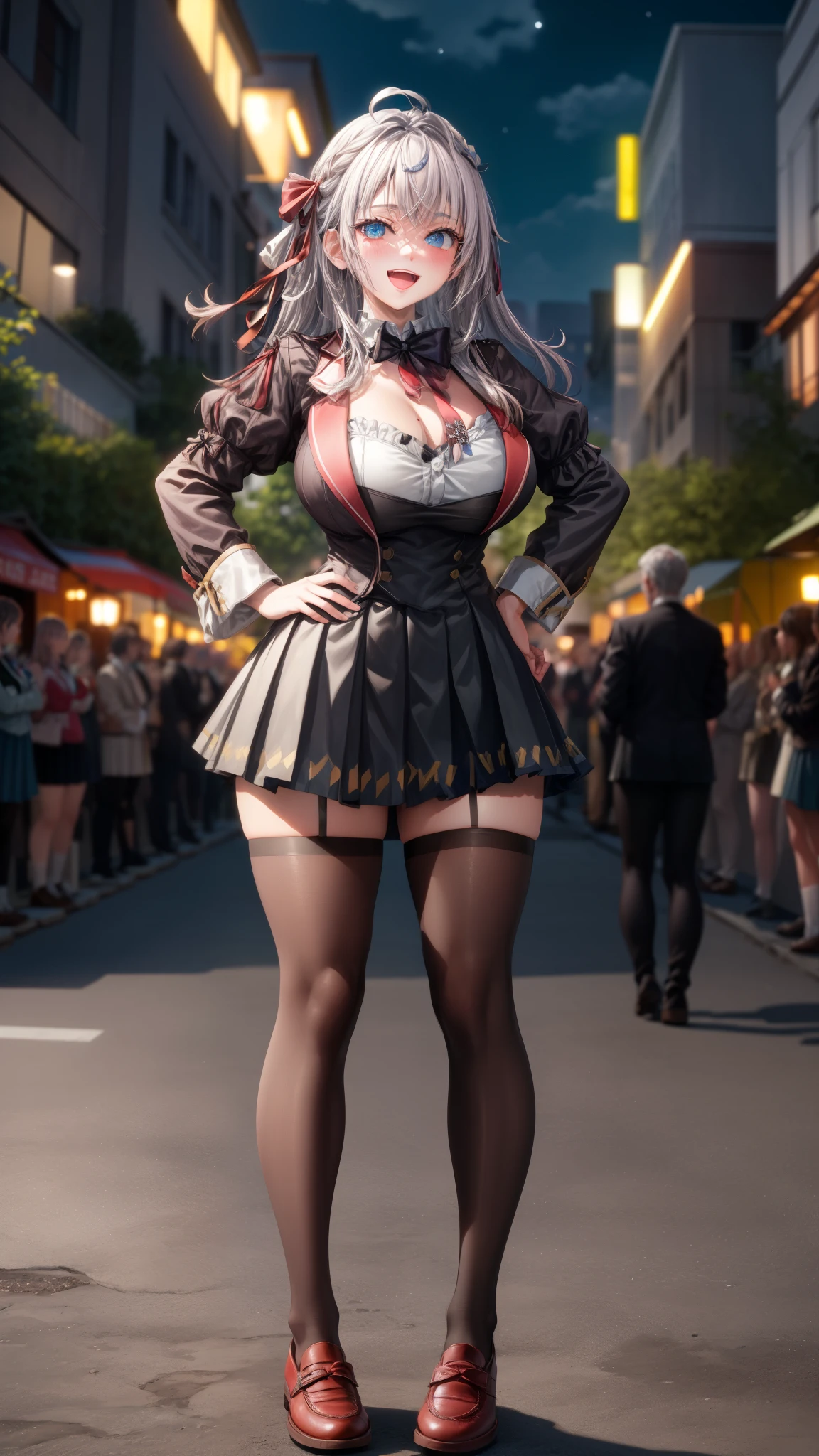 Alisa Kujou,
(night:1.7), 1 girl standing at attention, 22 years,young female,beautiful Finger, beautiful long legs ,beautiful body ,beautiful Nose ,beautiful character design, Perfect eyes, perfect face,
There is an anime girl., 1 girl, thighs, Alone, (very short skirt:1.4), blue eyes, old, black dress ,elegant , long socks (short dress) , neckline, bow, hand on hip, blush, black thighs, bowtie, inside, brown shoes, The Great Passage, moccasins, shoes, large old, looking at the viewer ,take half distance, close up shot of open mouth, thighs,
looking at the viewer, smile, greeting the viewer, In the center of the image, Extremely detailed CG unity 8k wallpaper, perfect lighting,showy, bright_Forehead_face_Lightinasterpiece:1.0),(better_quality:1.0), ultra high resolution,4k,ultra detailed,
Photography, 8k, HdR, high resolution, absurdities:1.2, codas portrait, film grain, blurred background, bokeh:1.2, Lens flare, (Vibrant_Color:1.2)
, (beautiful_face:1.5),(narrow_waist), (beautiful,huge_old:1.3)