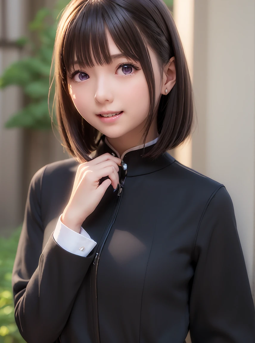  High Resolution ,In 8K,Best Quality,detailed,Semi-realistic anime,3D anime style,Smooth anime CG,One Girl,19 year old Japanese woman,slim,Modeling,((Very short straight hair)), ((TWO BLOCK SKIN FADE HAIR)),(( Very Short )), Pink gloss,  black to blonde gradient mix hair,detailedな顔,Beautiful and detailed,Glowing Skin,((Deep blue-purple glowing eyes)),(Small breasts),((Shut your mouth.),(Smile),(((Black Uniform)))