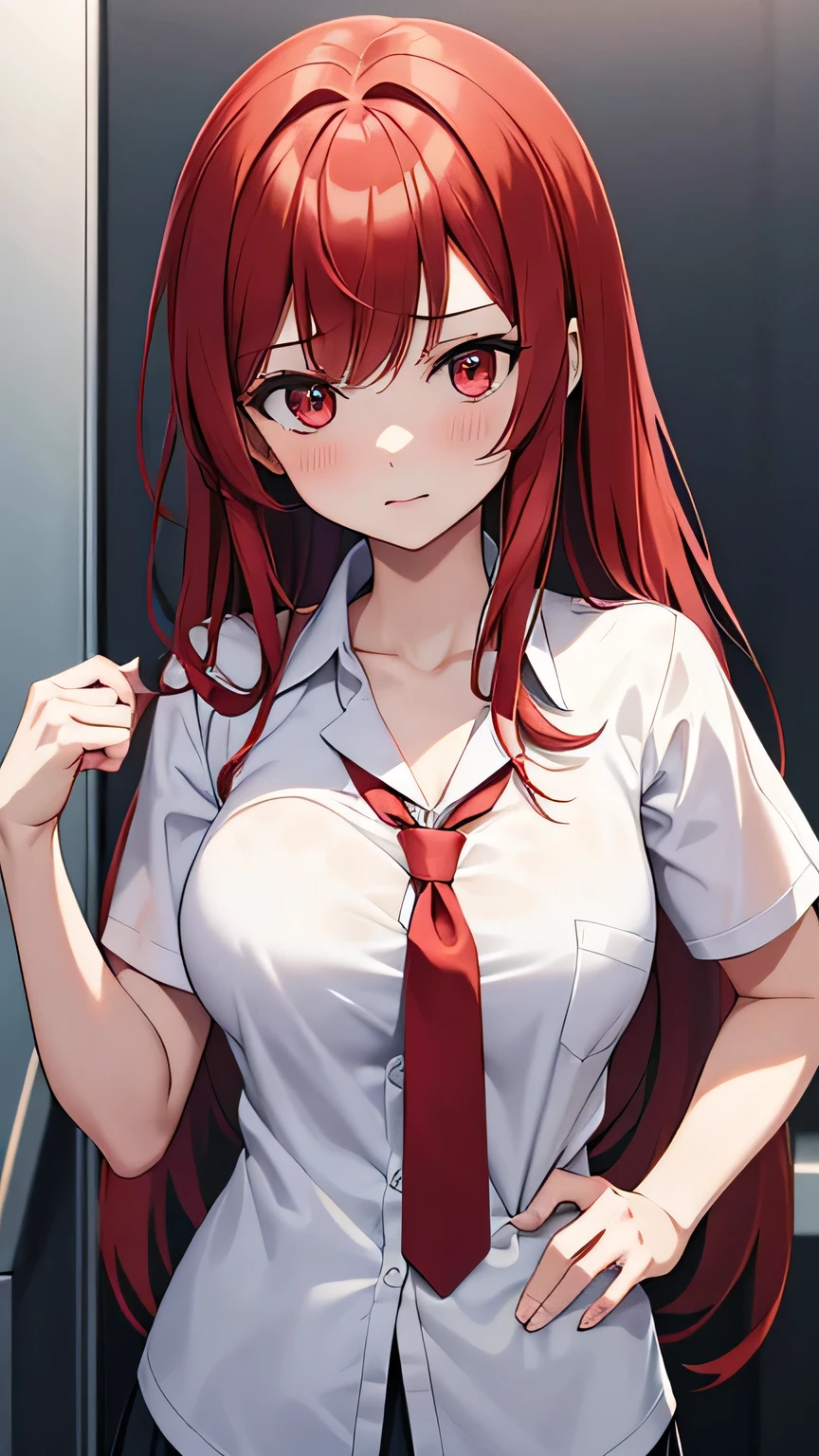 最high quality、Best image quality、masterpiece、girl((20-year-old、 By becoming、Best Bust、Medium Bust,Wide open breast tea、red glowing eyes, Black and red hair、Disheveled Hair、Long Hair、thin,The highest valley、White overshirt、Open chest、White wristband、smile、Leaning forward、hair ornaments、Side angle、Lointail、Brown skin)),high quality、Beautiful art、background((Modern Office、Coffee cup、line of light、Whiteboard、graffiti))、Flight、Flying debris、Written boundary depth、movie、Visual Arts、Perfect art、8K,Genuine、