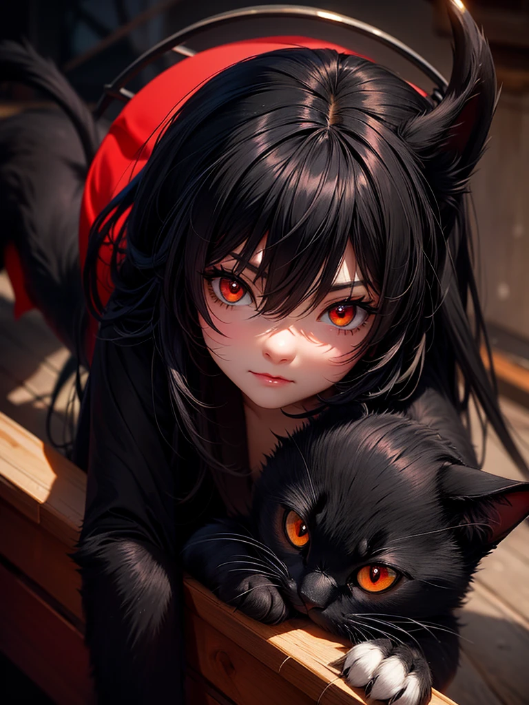 full body, black hair, cat ears in head, happy face, casual clothes, black eyes, human appearance, adult female, red cape, black cat tail