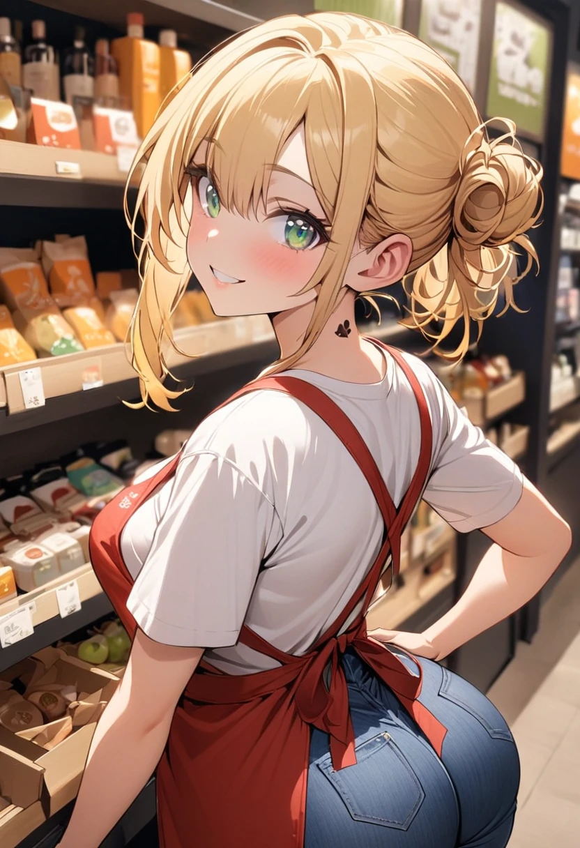 one girl, blue jeans, white t-shirt, red apron, blonde hair, messy bun hair, green eyes, long eyelashes, smile, black beauty Mark, medium breasts, looking at viewer, store background, pov from behind, big butt