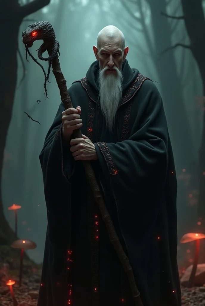 Create an enigmatic and foreboding illustration of the old stranger in the darkened woods. The stranger should be shrouded in shadow, with only his piercing crimson red eyes visible. His expression should exude a mix of malevolence and cryptic knowledge. Surround the stranger with an aura of mysticism, as if he is a harbinger of dark secrets and untold destinies. The scene should convey an air of both fascination and trepidation