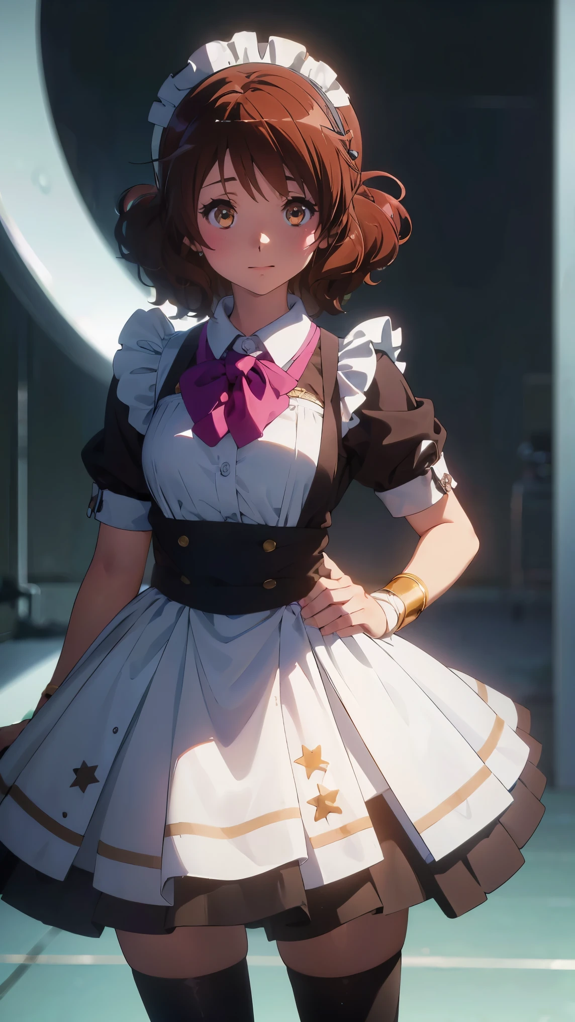 (最High image quality, 8k, High image quality, high detail,masterpiece:1.2)、kumiko oumae,Eye light、Face Light、 Sparkling Eye 、Alone、1 girl、 viewers、anime、animeカラーリング、(from the front:1.3)、(Perfect hands, Perfect Anatomy)、(Looking at the viewer、 focus on the face)、Sparkling Eyes、(from the front:1.3),Alone,1 girl、Cool beauty、( viewers、Blur the background:1.3)、animeカラーリング、(noon、 school festival _Maid Cafe), ( Perfect hands, beautiful detailed eyes))、 (Maid uniform:1.2), (Made Cloth, Mini Swirl Skirt, Maid Bandana, black stockings, Wristbands)、(Blur the background:1.3)、Before the topic、Detailed skin、(( The image placed in the center )),((Glowing Skin,smile))、 (((masterpiece))), ((top-quality)), (( complicated details)), perfect eyes, Captivating Eyes,