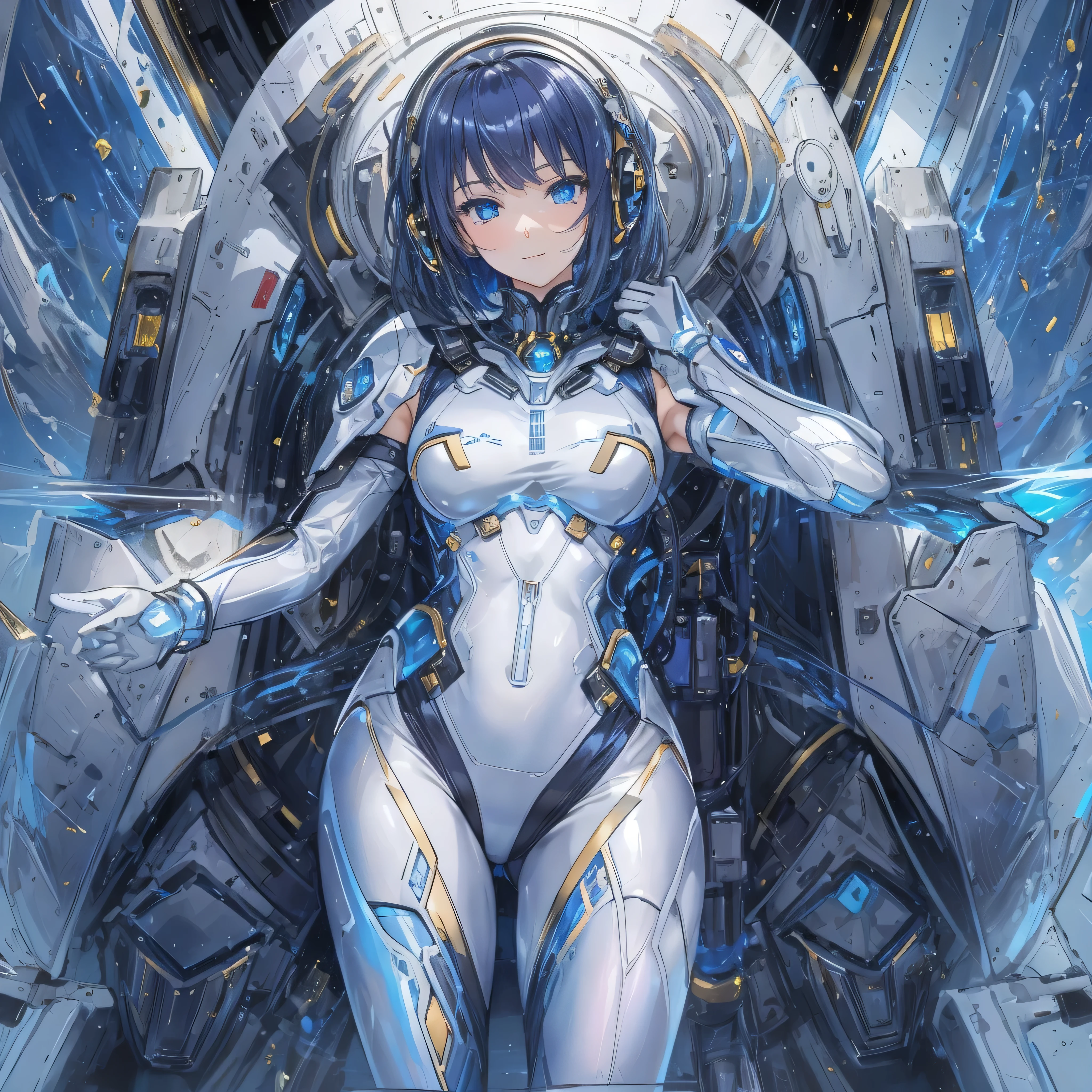 ((Holographic glow effect)),(masterpiece、Best Quality、Highest Resolution、Clear_image、Detailed details): (Whole body、A 20 year old girl、Japanese Faces、Small Face、Slender、Navy blue super short bob cut hair、(Hidden small breasts:1.3)、Sparkling blue eyes、Shiny pilot suit in white, blue and black colors、Chest protection armor、Tight fitting clothes、Clothing that covers the whole body、Glamorous clothes、Tight Fit Pants、Hide your skin、Very delicate and beautiful、Detailed Skin、Hide your thighs、Hide your ass、Cute、A gentle smile、Soft expression、heroine、Headset、Long boots、Elbow-length gloves、 eye level shot 、Peace talks between warring factions,attention arousal, Clever Blue Eyes,Face directly、Woman on a spaceship),White simple background