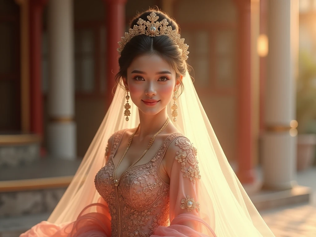 highly detailed  photorealistic of  stunning oriental bride make up, royal wedding dress with bridal veil cover, tulle cover and ornament, intricate, soft gradient background and dramatic light