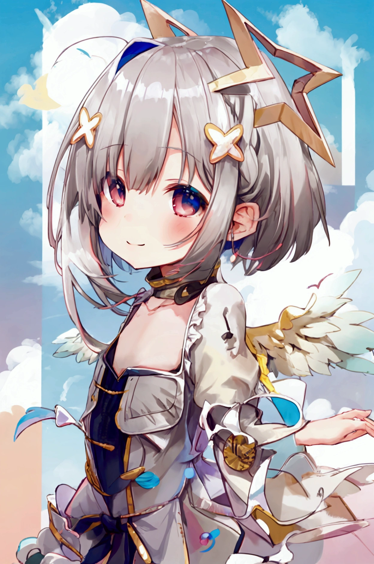 girl,Gray Hair、smile,Four Kanata、Droopy eyes,All Nude、 flat chest、Rear view,Angel Wings, High Resolution ,High image quality,