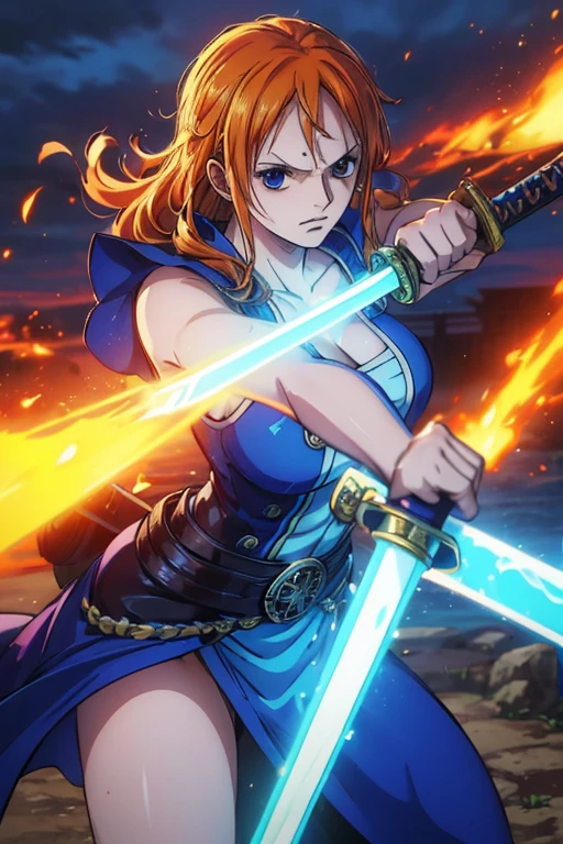  (Best Quality, 4K, 8k,  High Resolution , masterpiece:1.2), Super detailed, (Realistic, photoRealistic, photo-Realistic:1.37), Preserve anime style,Nami from One Piece,Pale orange hair ,Left shoulder tattoo,Paladin,  wearing Western armor ,Wield a blue sword,He is a capable thunder magic swordsman,Wear an aura, a world where blue lightning and light sources shine ,(The destructive power of a thunder magic sword )