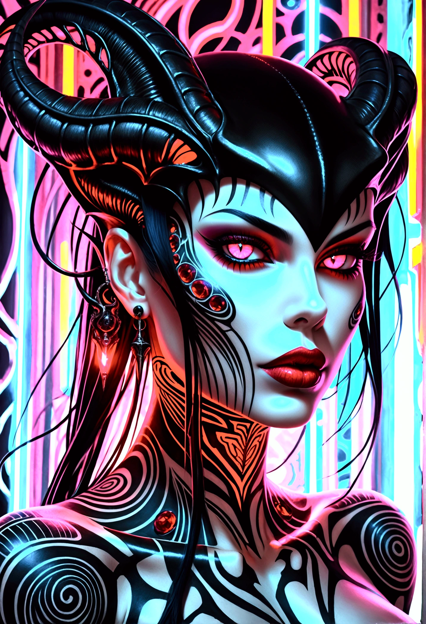 Hr giger tattooed sexy seductive dead girl, perfect face, hyper detailed neon ruby eyes, full body view,