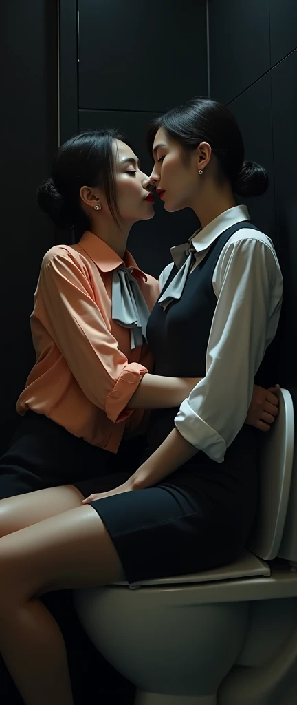 Gothic woman with perfect teenage body with curvy waist and big thighs and big butt with short red hair and glasses wearing sexy clothes and low cut blouse and string thong being passionately kissed on the mouth with tongue by a young  in school 
